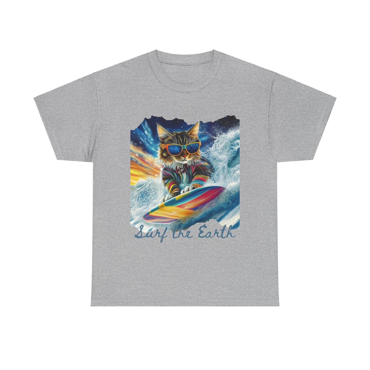 Surf Surfer Cat, "Surf the Earth", Cat on Surfboard Graphic Tee- Water Sports Cat (V1) Cat Art Gift - Cool Cats Unisex Heavy Cotton Tee T-Shirt