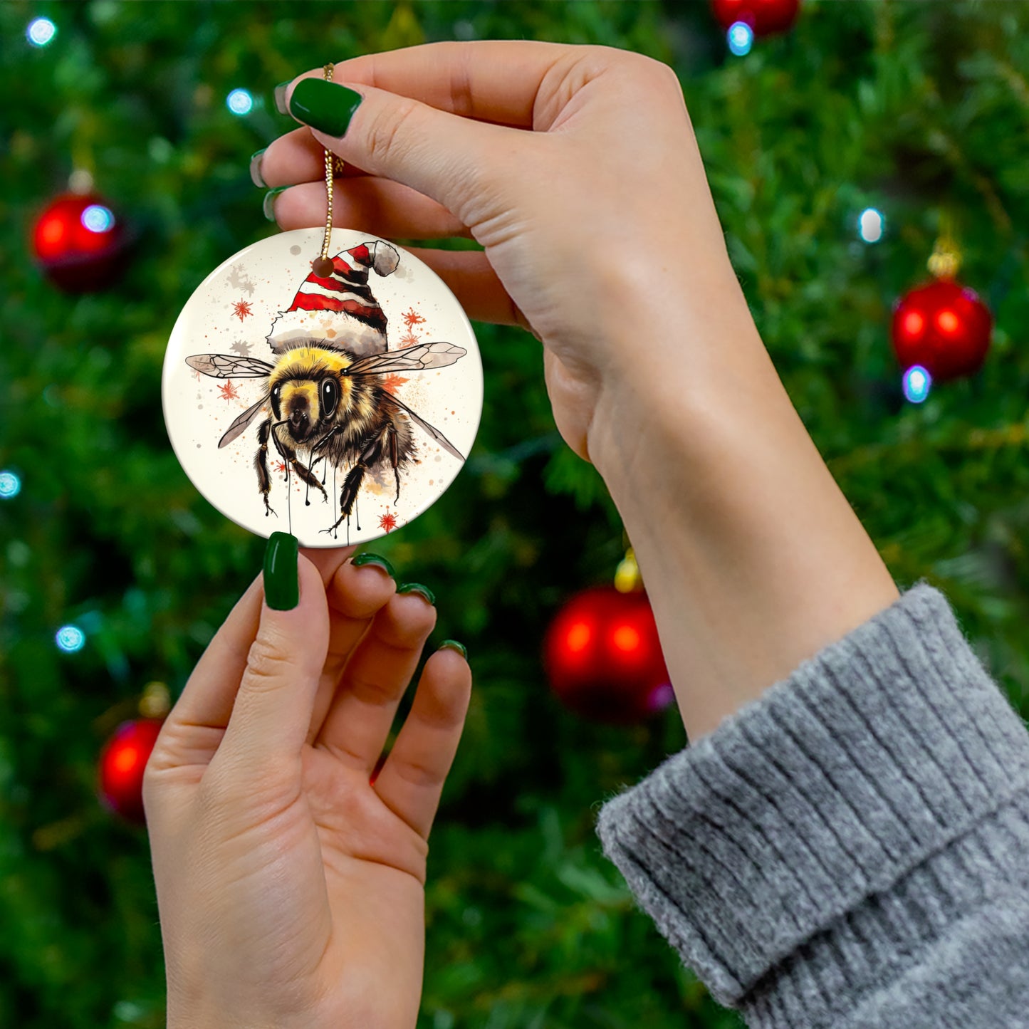 Bee Holiday Ornament Bee, Conservation, Fun Tattoo Style Bee Christmas Gift, Printed Ceramic Christmas Tree ornament, Save the Bees