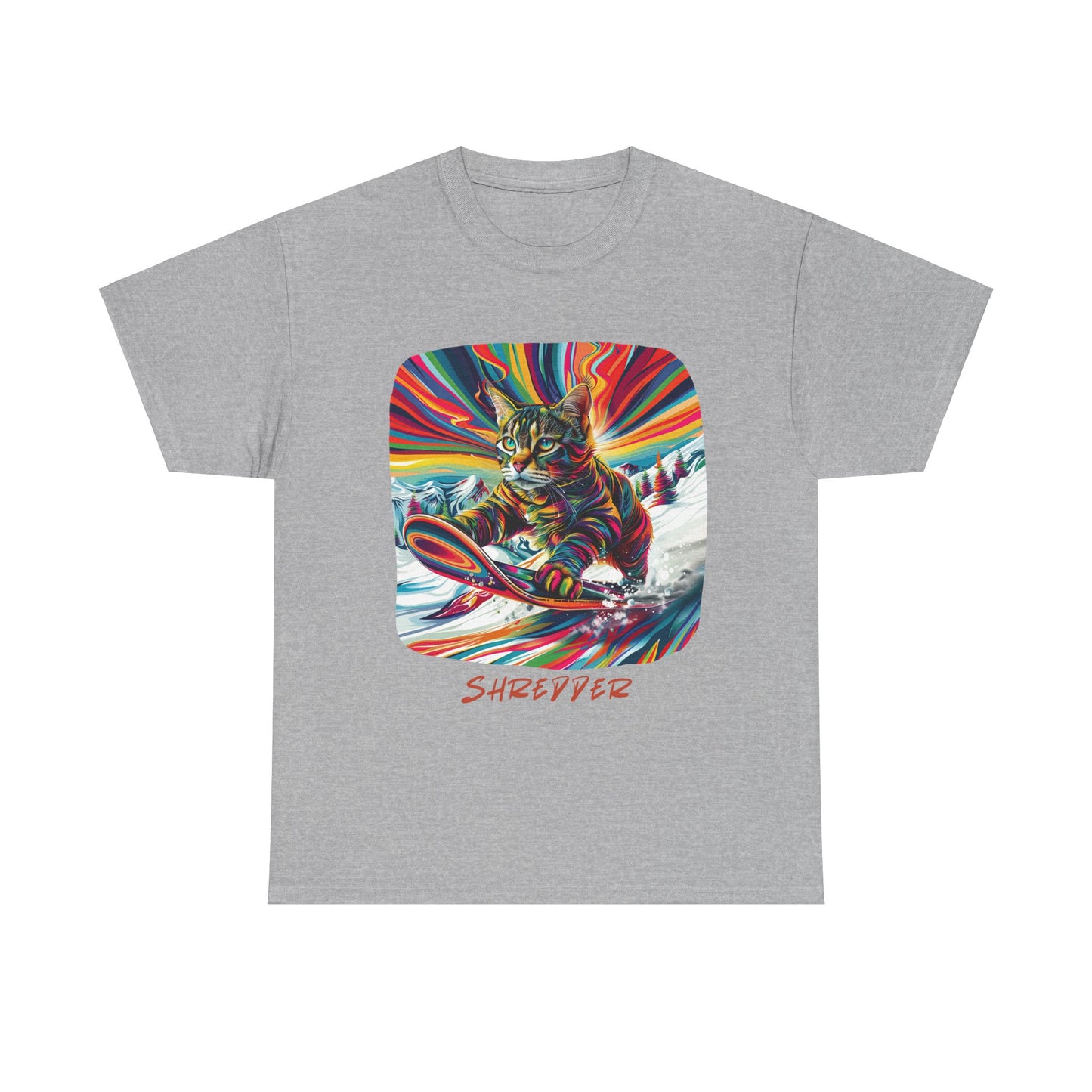 Shredder Snowboard Cat Graphic Tee - Extreme Winter Sports Ski Cat Art Gift - Cool Cats Unisex Heavy Cotton Tee T-Shirt