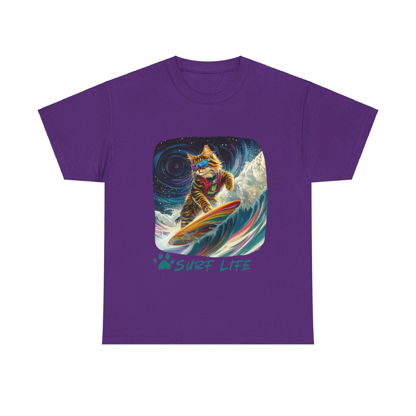 Surf LIfe - Surfer Surfing Cat Graphic Tee, Cat on Surfboard - Shirt reads "Surf Life" Cats Art Gift - Cool Cats Unisex Heavy Cotton Tee T-Shirt