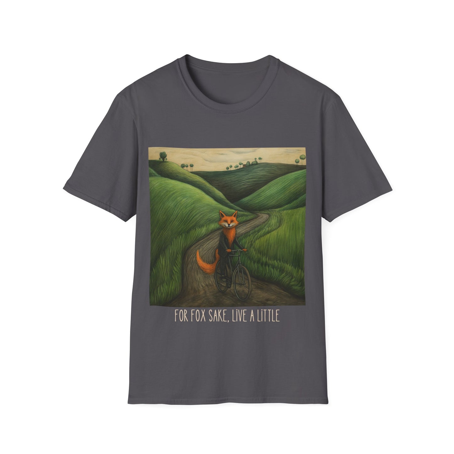 For Fox Sake, Live a Little - Red Fox on a Bicycle- Fox or Cycling Lover's Gift Unisex Tee Shirt, T-Shirt, Fox Lovers Gift Softstyle T-Shirt Tee Teeshirt