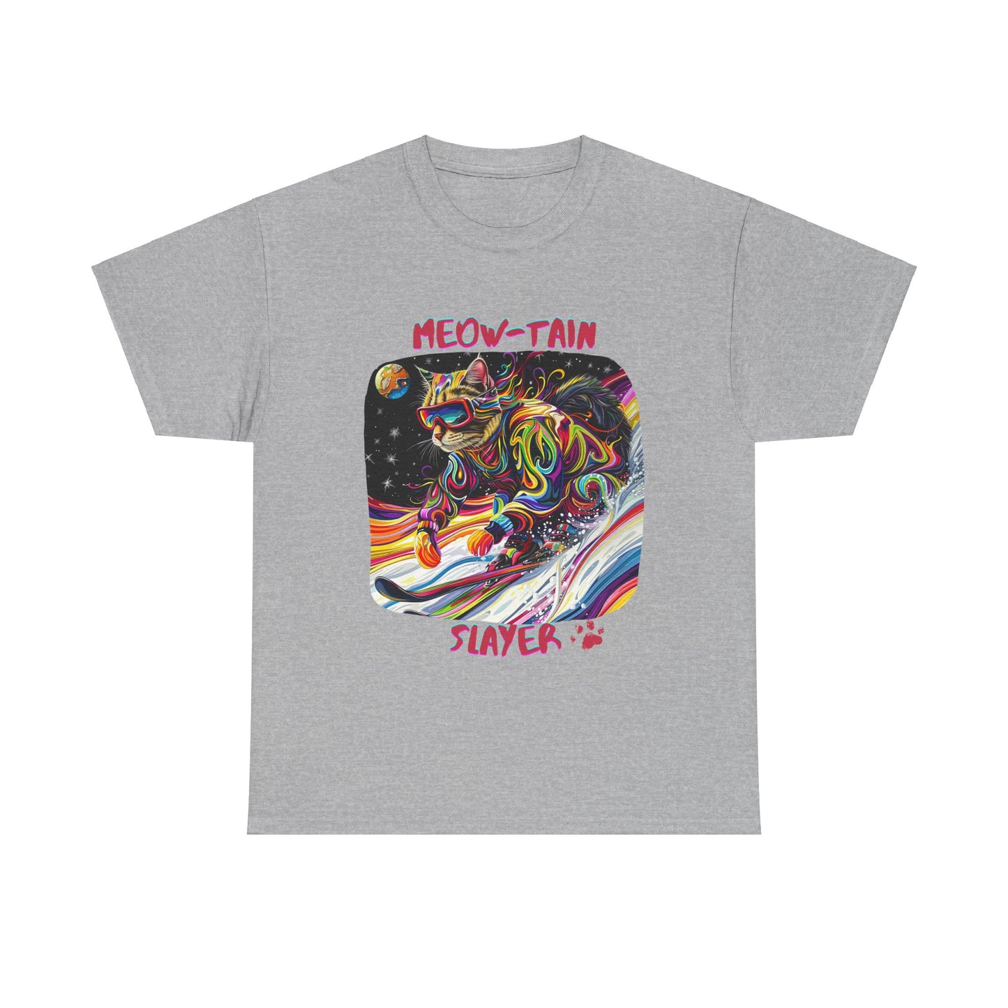 Meow-tain Slayer - Ski, Snow, Snowboard Winter Sports Cat Cat Art Graphic Tee, Ski Gift - Cool Cats Unisex Heavy Cotton Tee T-Shirt