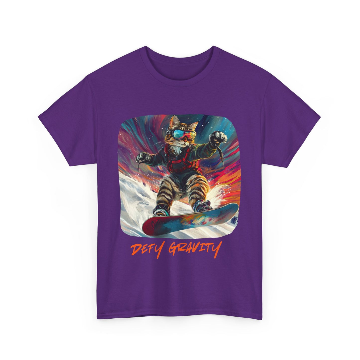 Defy Gravity Snowboard Cat Graphic Tee - Extreme Winter Sports Ski Cat Art Gift - Cool Cats Unisex Heavy Cotton Tee T-Shirt