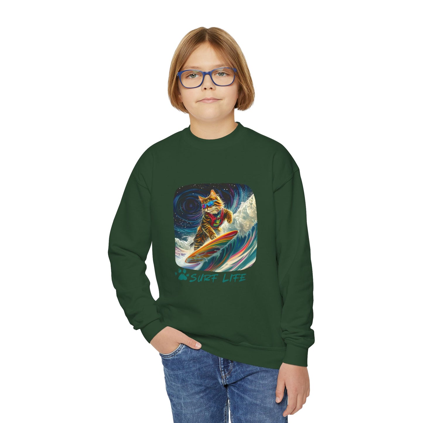 Surf Life Surfer Cat for Kids Sweatshirt - Kitty Cat Shredding the Weves-Youth Crewneck Sweatshirt -Christmas Cat Gift