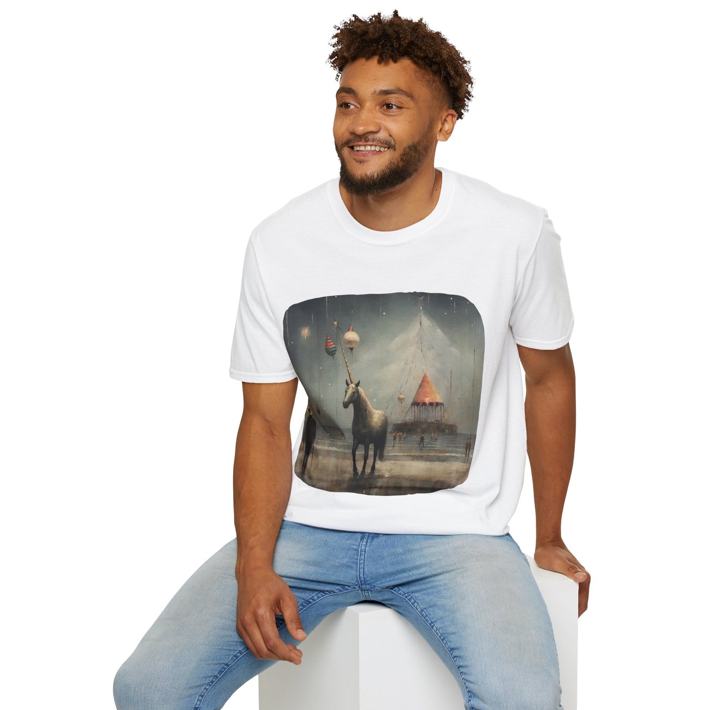 Unicorn with Holiday Ornament, Unicorn Christmas Gift Unisex Tee Shirt, T-Shirt Softstyle T-Shirt