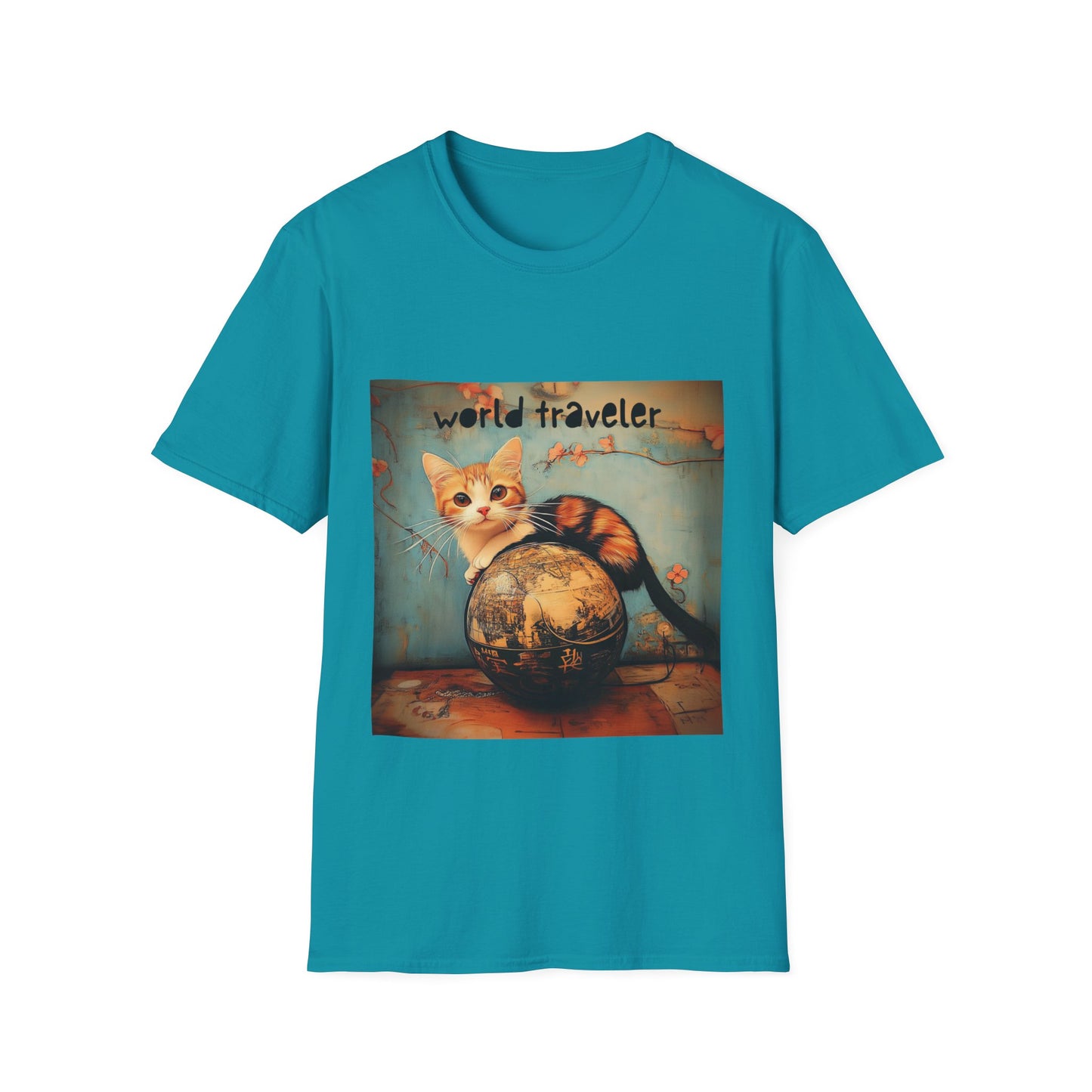 World Traveler Cute Cat Shirt, Cat Lover's Gift Graphic Tee Shirt, Text Reads "World Traveler" Unisex Softstyle T-Shirt Tee Teeshirt Retro
