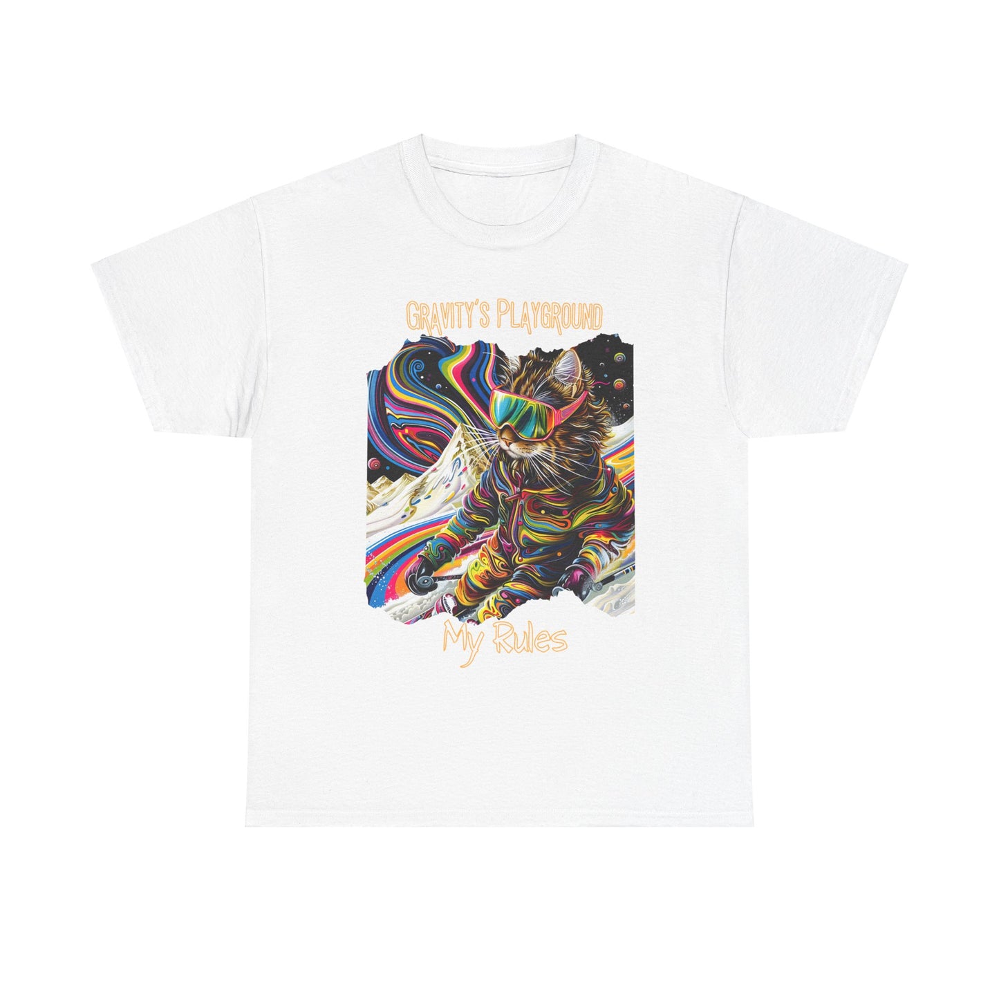 Gravity's Playground, MY Rules - Ski, Snow, Snowboard Winter Sports Cat (V2) Cat Art Gift -Cool Cats Graphic Tee Unisex Heavy Cotton Tee T-Shirt
