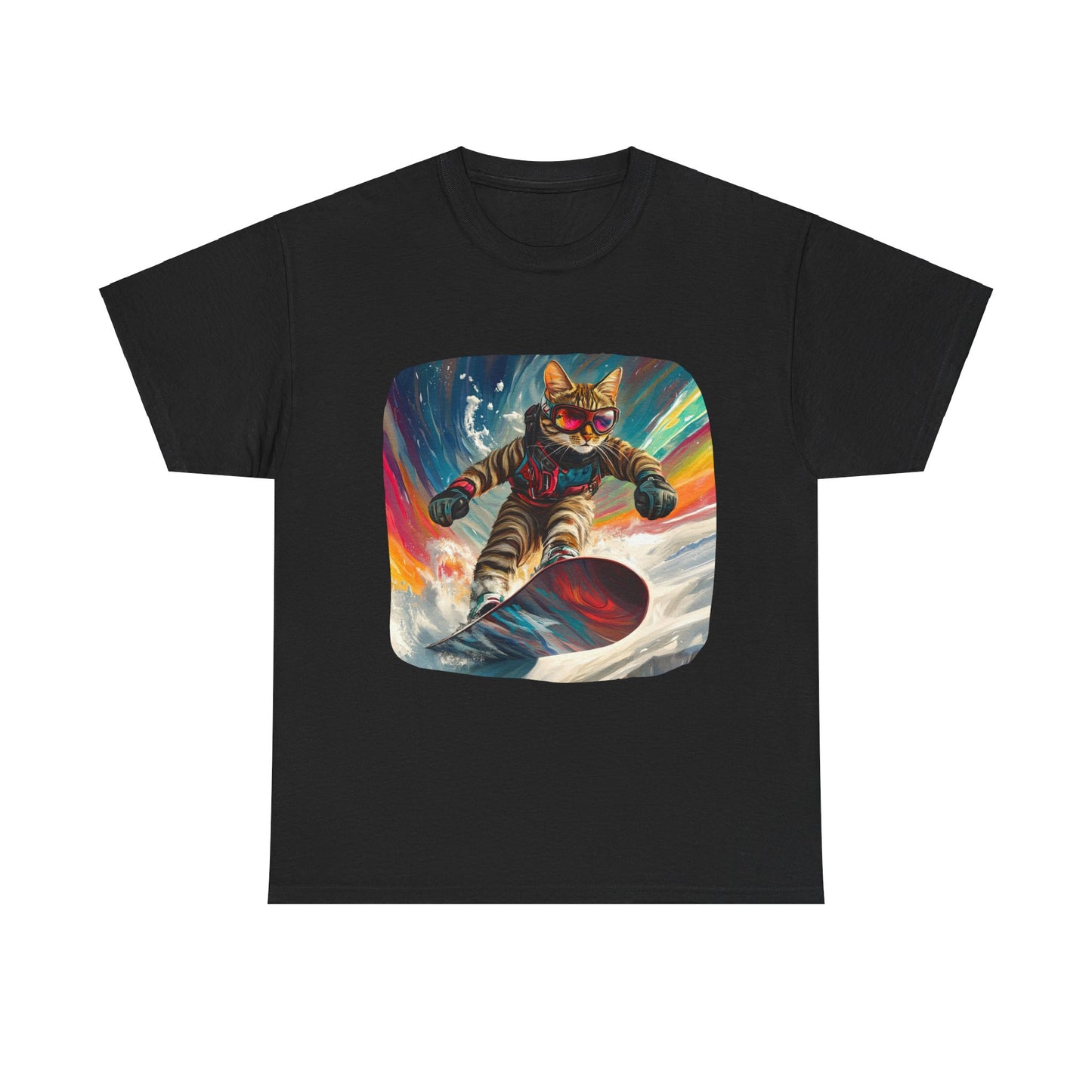Snowboard Cat, (V2) Winter Apres Ski Cat Art Gift - Cool Cats Unisex Heavy Cotton Tee T-Shirt