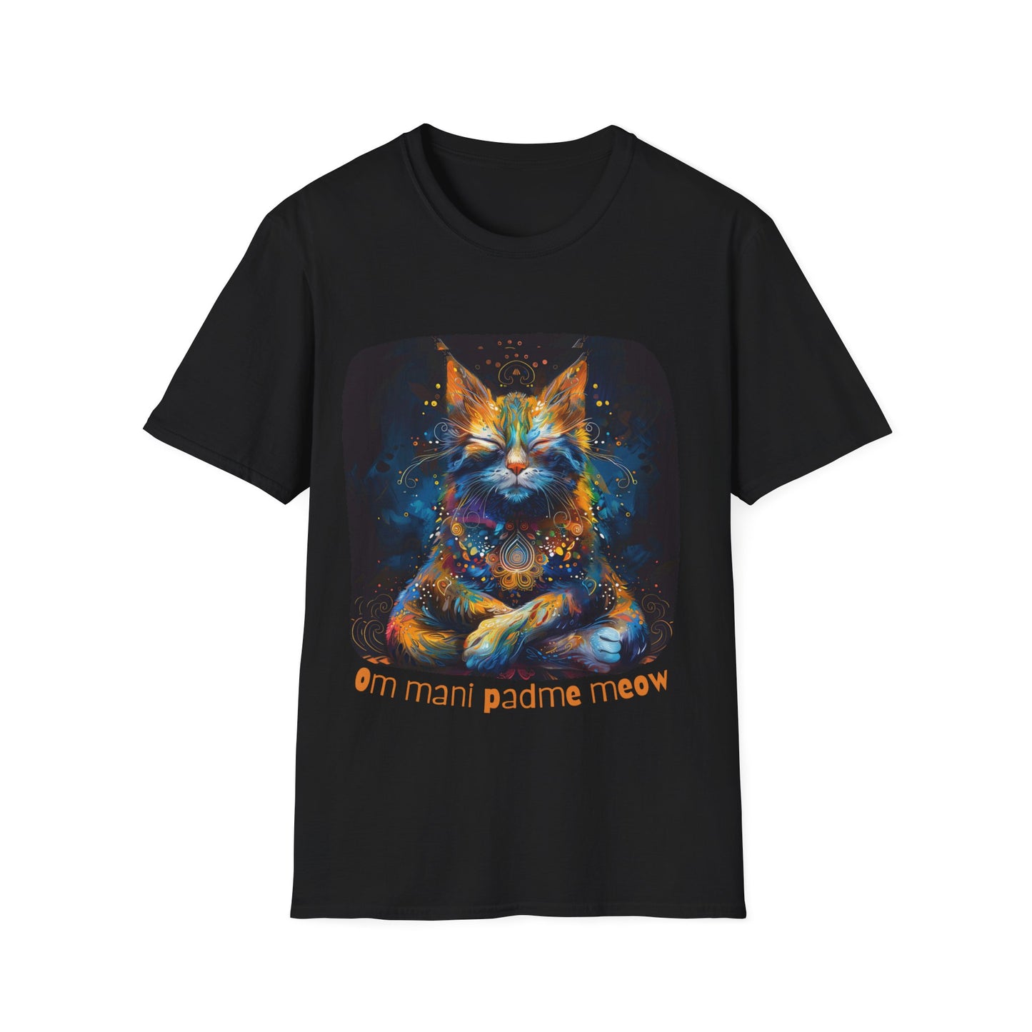 Mani Padme Meow (Version 2) - Meditating Cat Shirt, Cat Lover's Graphic Tee Graphic Unisex T- Shirt, T-Shirt Cat Lovers Gift Softstyle T-Shirt Tee Teeshirt Stylized Cat