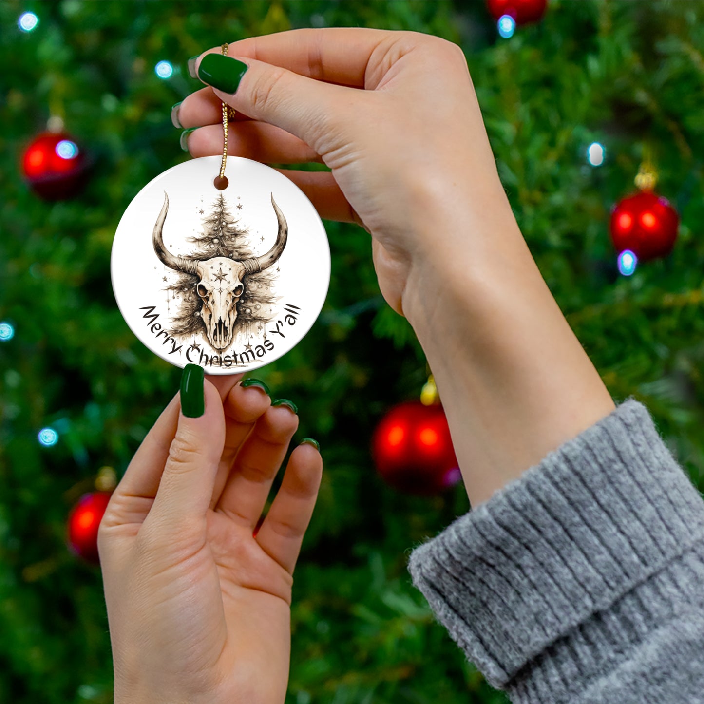 Texas Longhorn Christmas Greeting Ceramic Tree Ornament. "Merry Christmas Y'all" Southern South Ceramic Christmas Gift Cow Skull