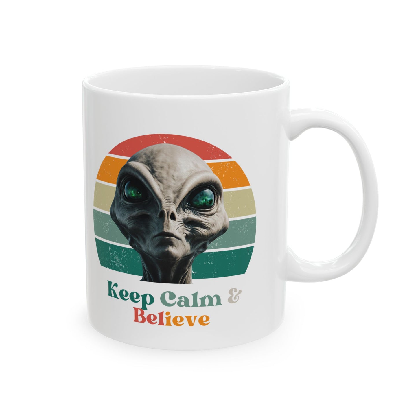 Retro Vibe Alien, ET, Extraterrestrial Gift, Rainbow Retro Gift Mug, Printed Art, Christmas Ceramic Mug 11oz Colorful, 60s 70s Keep Calm