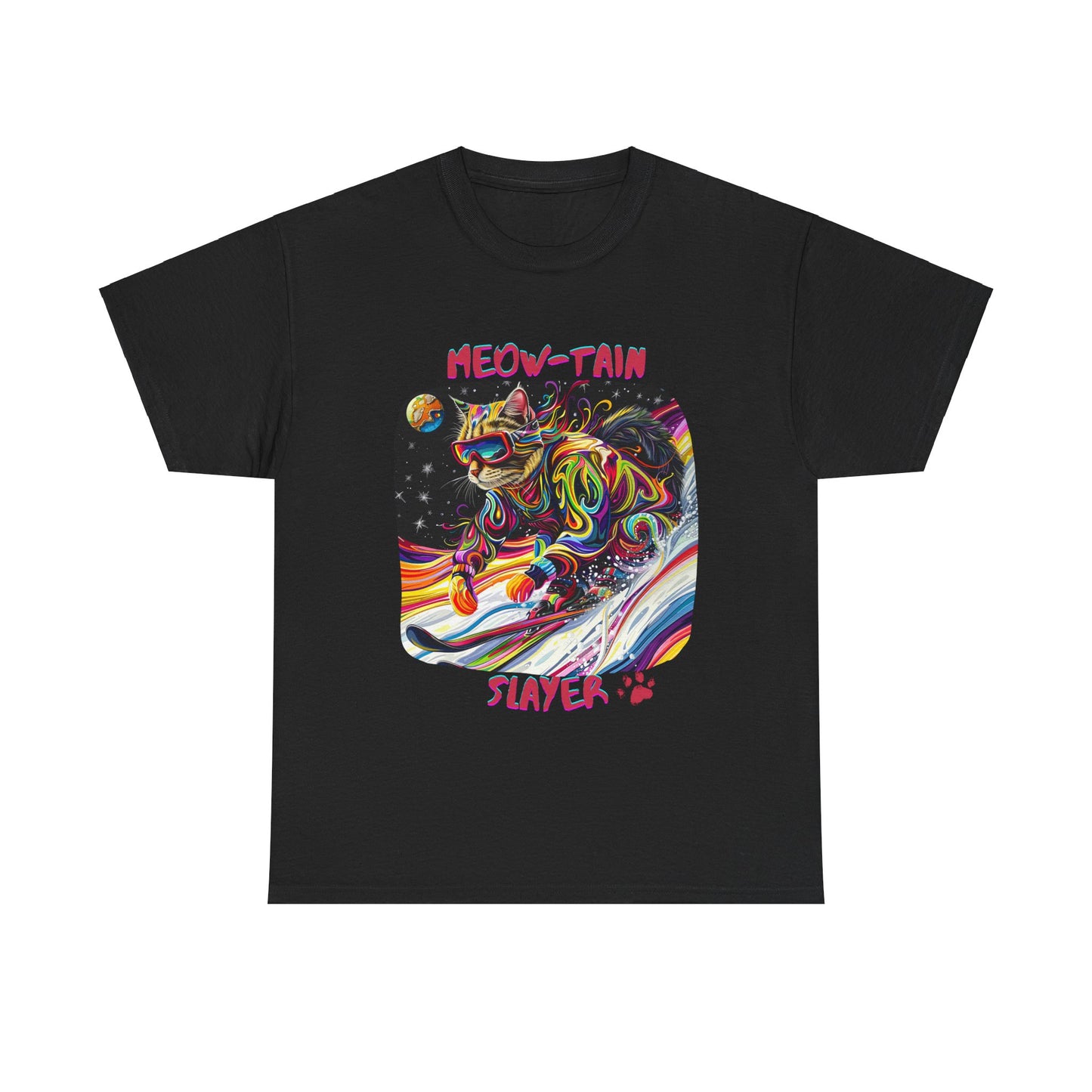 Meow-tain Slayer - Ski, Snow, Snowboard Winter Sports Cat Cat Art Graphic Tee, Ski Gift - Cool Cats Unisex Heavy Cotton Tee T-Shirt