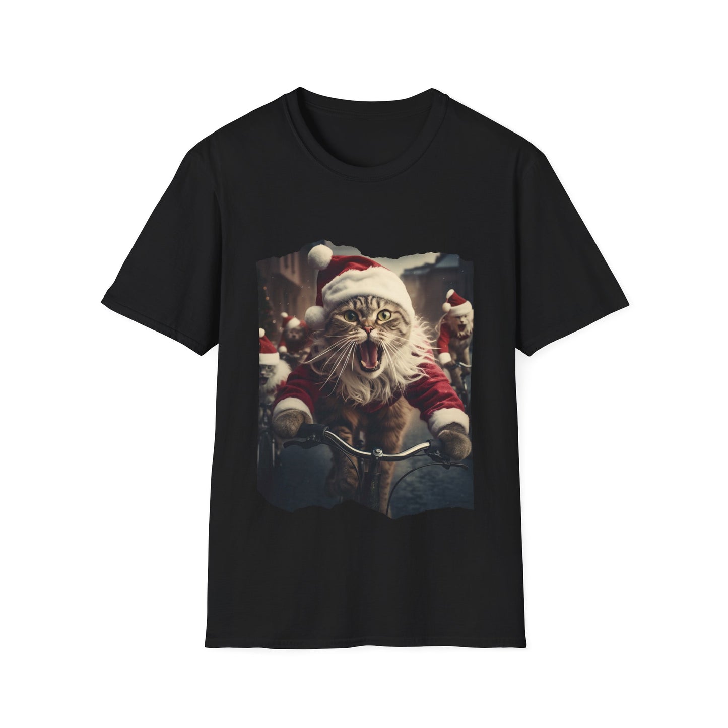 Screaming Cats on Bikes Holiday Christmas Cat Shirt, Cat Lover's Graphic Tee Graphic Unisex T- Shirt, T-Shirt Cat Lovers Gift Softstyle T-Shirt Tee Christmas JumperTeeshirt Stylized Cat