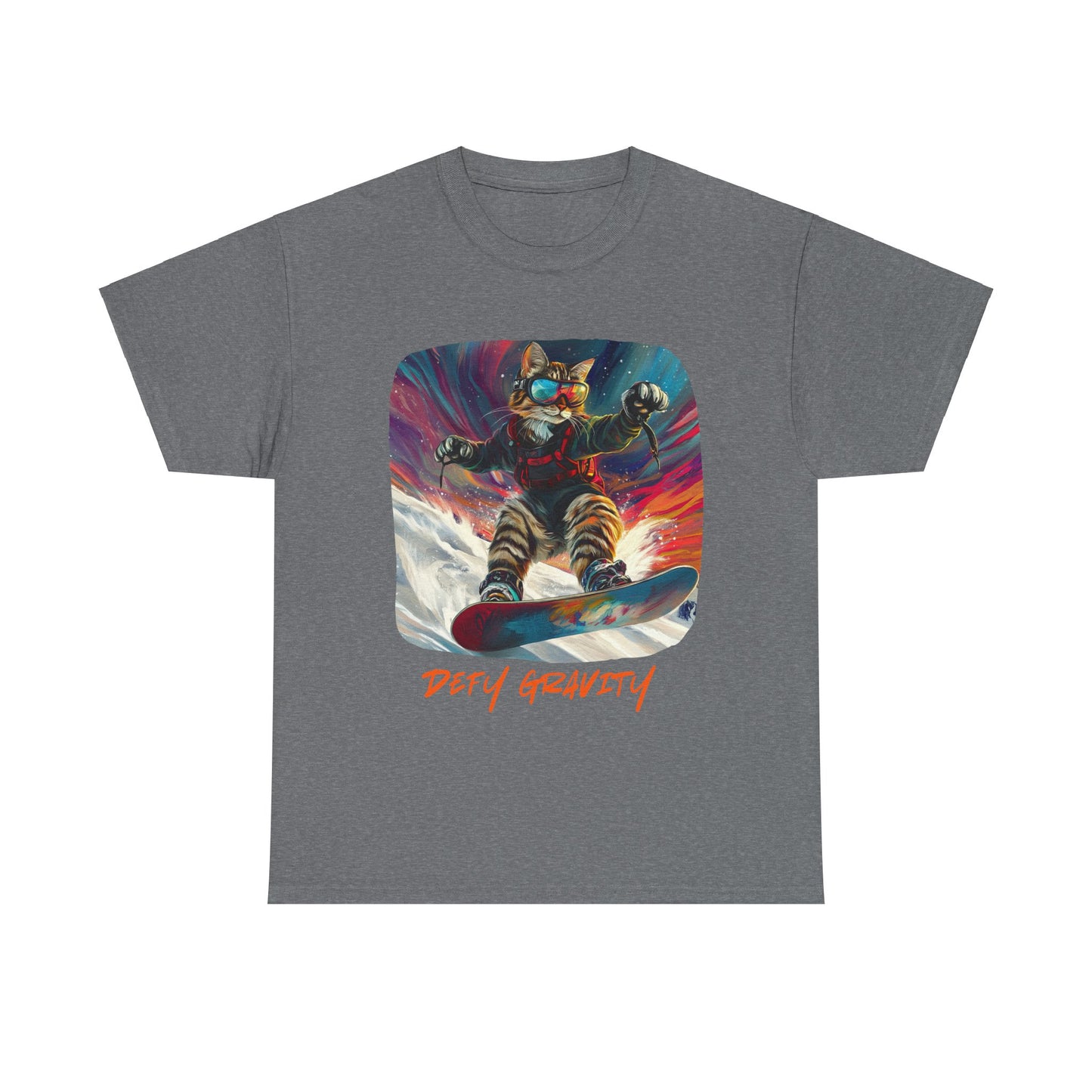Defy Gravity Snowboard Cat Graphic Tee - Extreme Winter Sports Ski Cat Art Gift - Cool Cats Unisex Heavy Cotton Tee T-Shirt