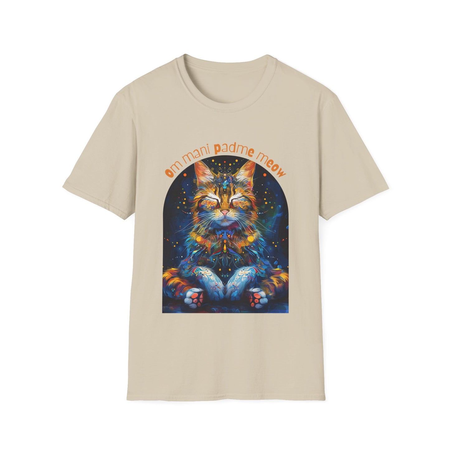 Om Mani Padme Meow (Ver 3) - Meditating Cat Shirt, Cat Lover's Graphic Tee Graphic Unisex T- Shirt, T-Shirt Cat Lovers Gift Softstyle T-Shirt Tee Teeshirt Stylized Cat