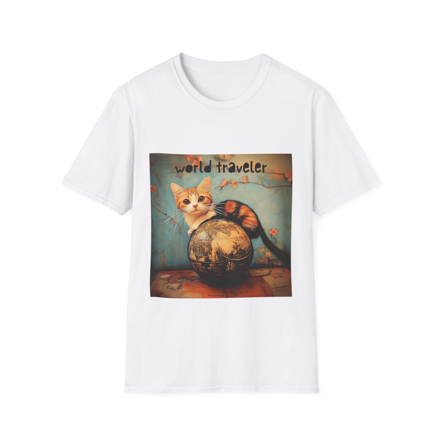 World Traveler Cute Cat Shirt, Cat Lover's Gift Graphic Tee Shirt, Text Reads "World Traveler" Unisex Softstyle T-Shirt Tee Teeshirt Retro