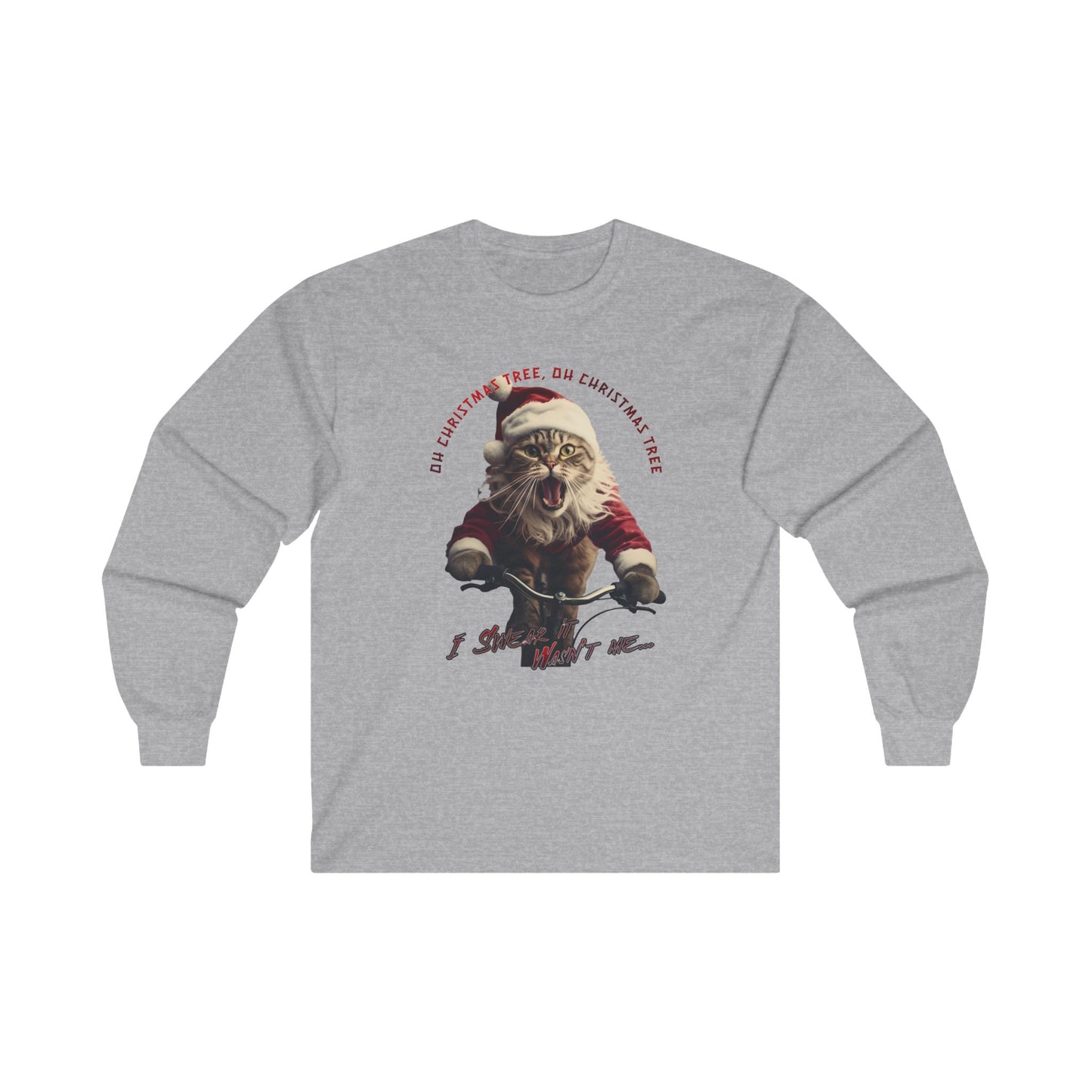 "Oh Christmas Tree Oh Christmas Tree" Christmas Cat, Cats on Bikes, Christmas Caroling Cats - Unisex Long Sleeve Jersey Cotton Shirt Mens Women's Cat Gift Oh Christmas Tree