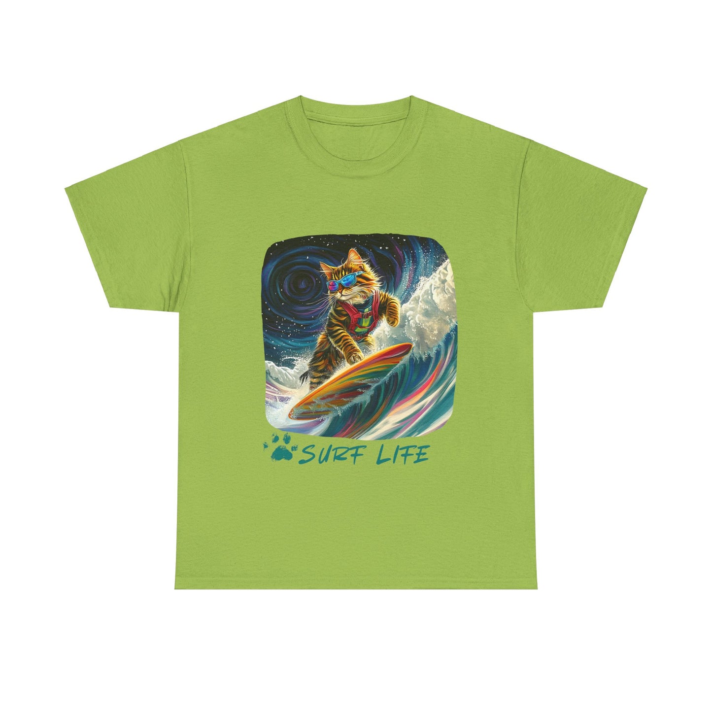 Surf LIfe - Surfer Surfing Cat Graphic Tee, Cat on Surfboard - Shirt reads "Surf Life" Cats Art Gift - Cool Cats Unisex Heavy Cotton Tee T-Shirt