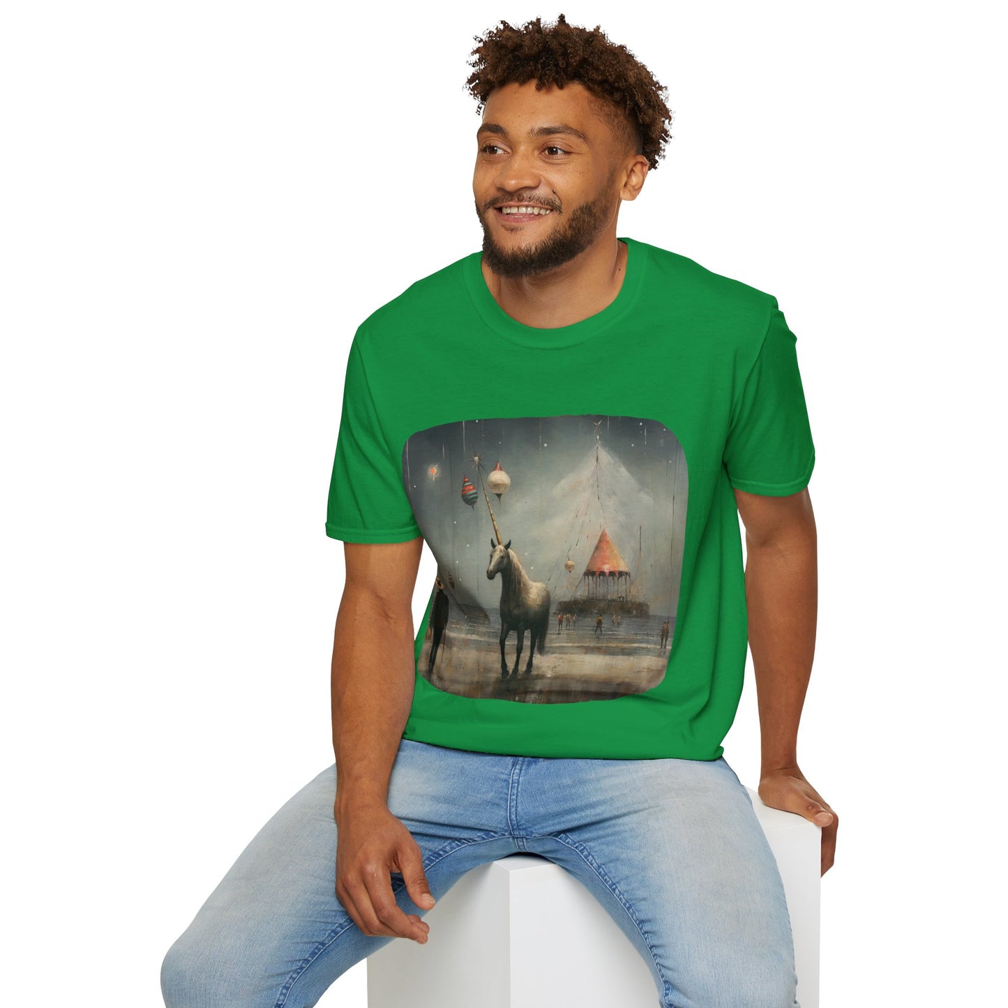 Unicorn with Holiday Ornament, Unicorn Christmas Gift Unisex Tee Shirt, T-Shirt Softstyle T-Shirt