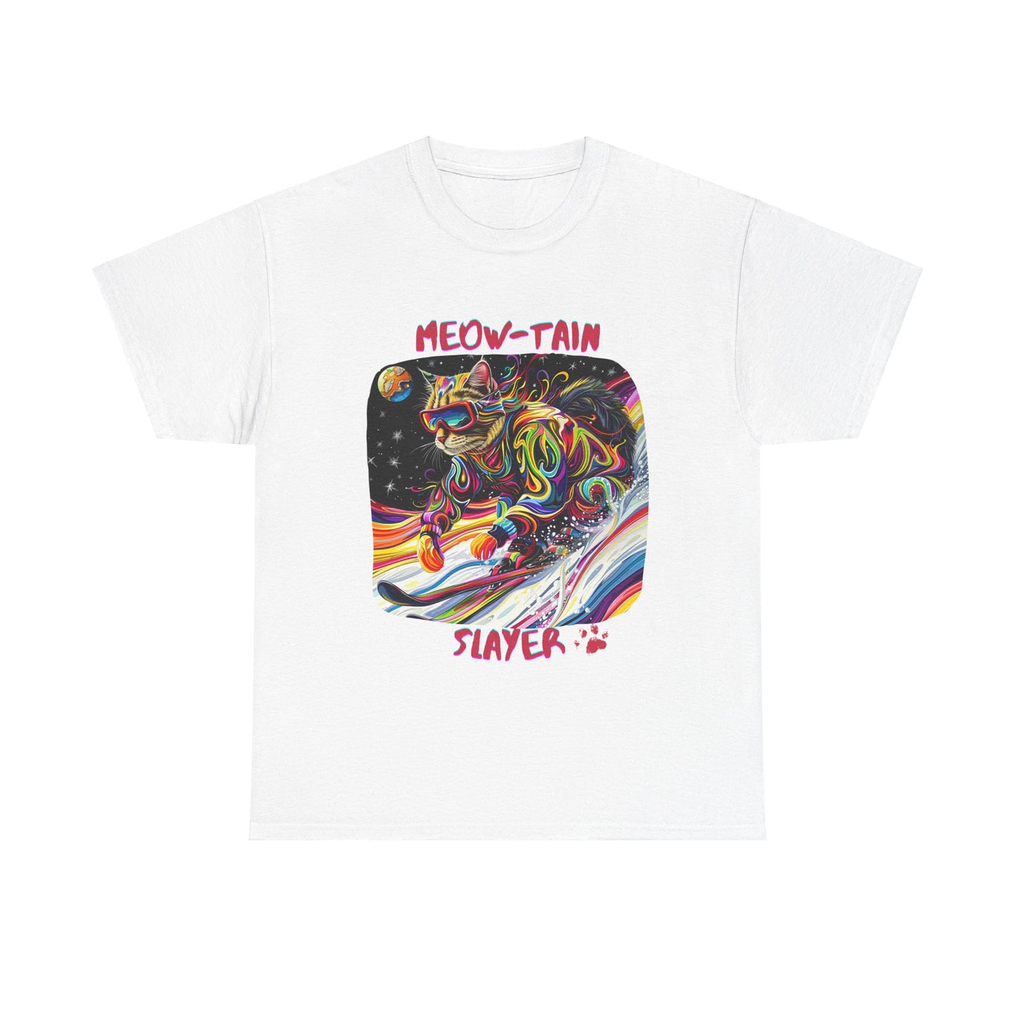 Meow-tain Slayer - Ski, Snow, Snowboard Winter Sports Cat Cat Art Graphic Tee, Ski Gift - Cool Cats Unisex Heavy Cotton Tee T-Shirt