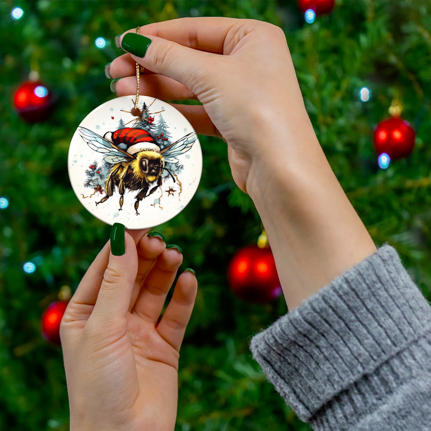 Bee Ornament Save the Bees, Bee Garden, Bee in Santa Hat Art Ornament, Bee Conservation Christmas Gift, Ceramic Ornament for Christmas Tree