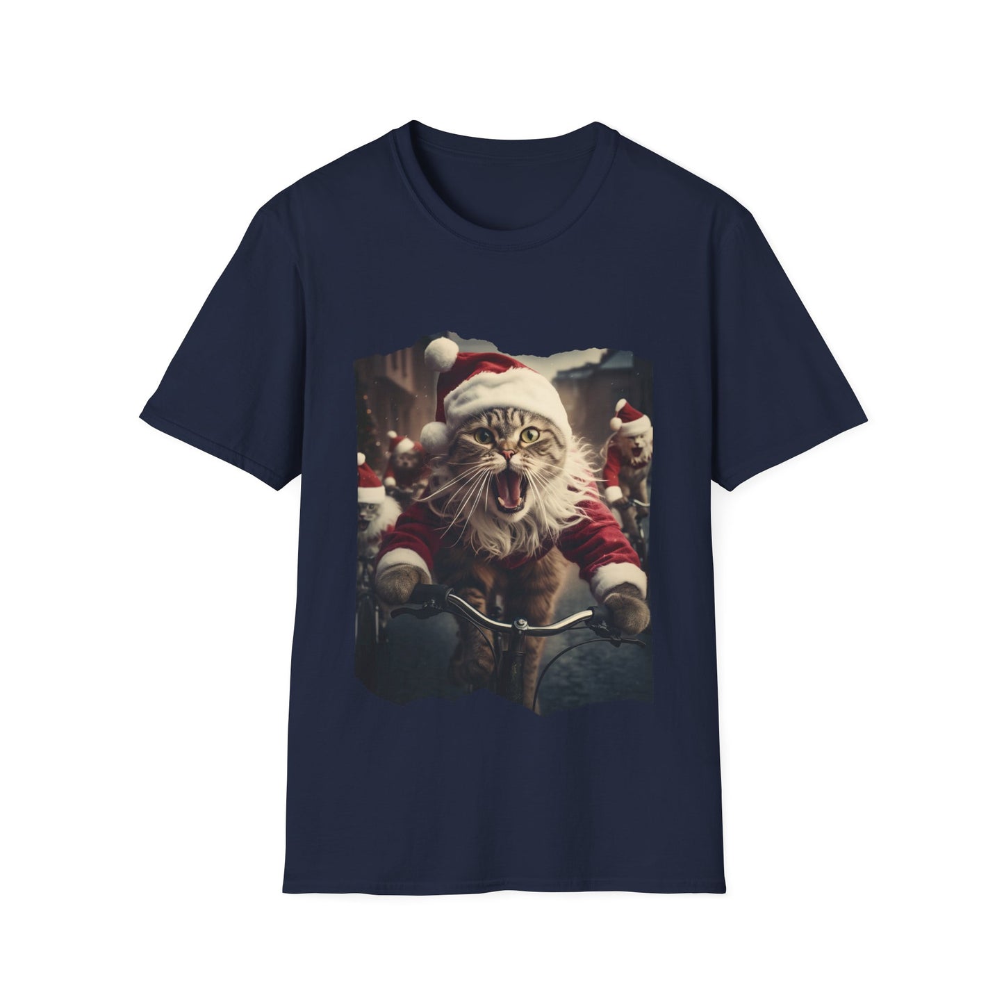Screaming Cats on Bikes Holiday Christmas Cat Shirt, Cat Lover's Graphic Tee Graphic Unisex T- Shirt, T-Shirt Cat Lovers Gift Softstyle T-Shirt Tee Christmas JumperTeeshirt Stylized Cat
