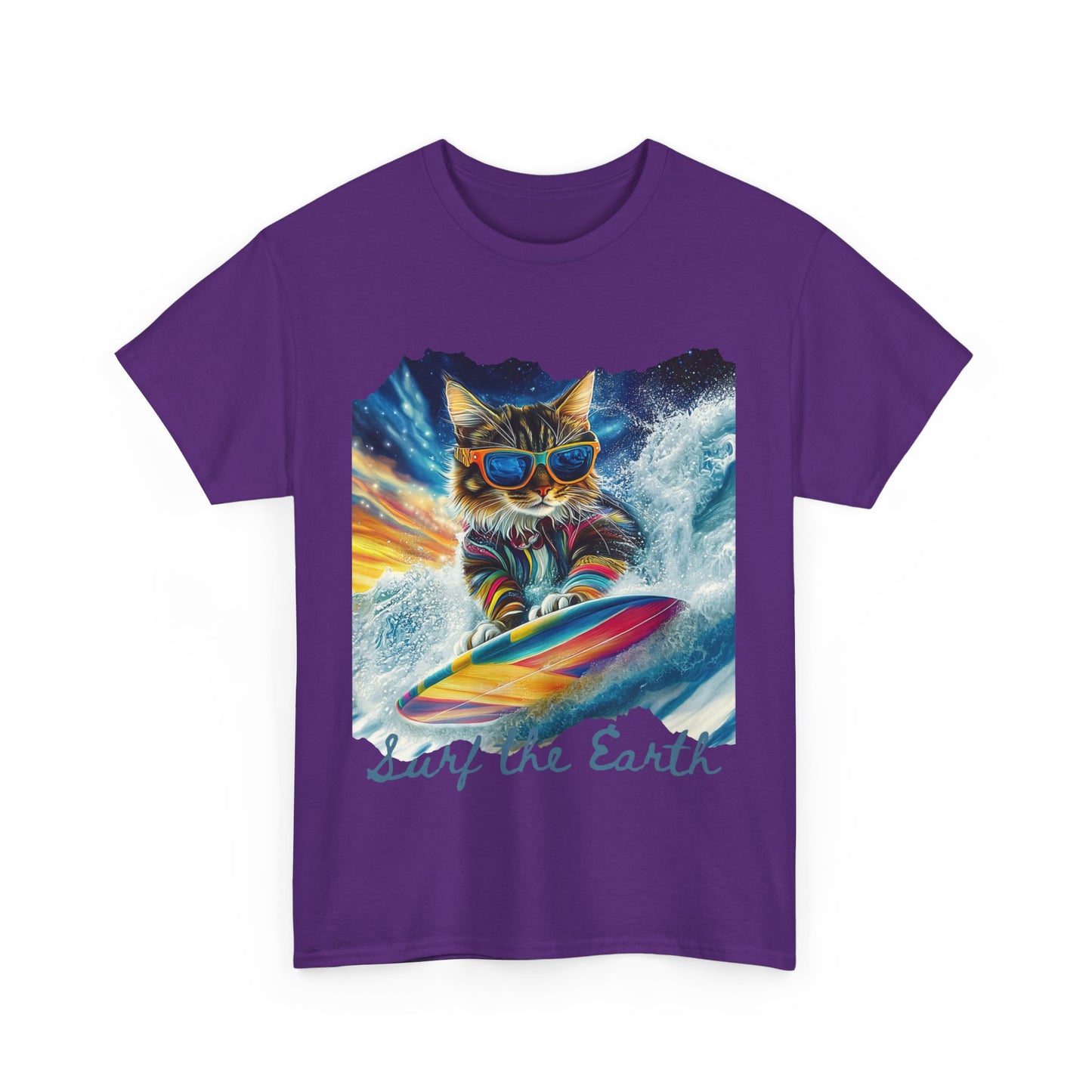 Surf Surfer Cat, "Surf the Earth", Cat on Surfboard Graphic Tee- Water Sports Cat (V1) Cat Art Gift - Cool Cats Unisex Heavy Cotton Tee T-Shirt