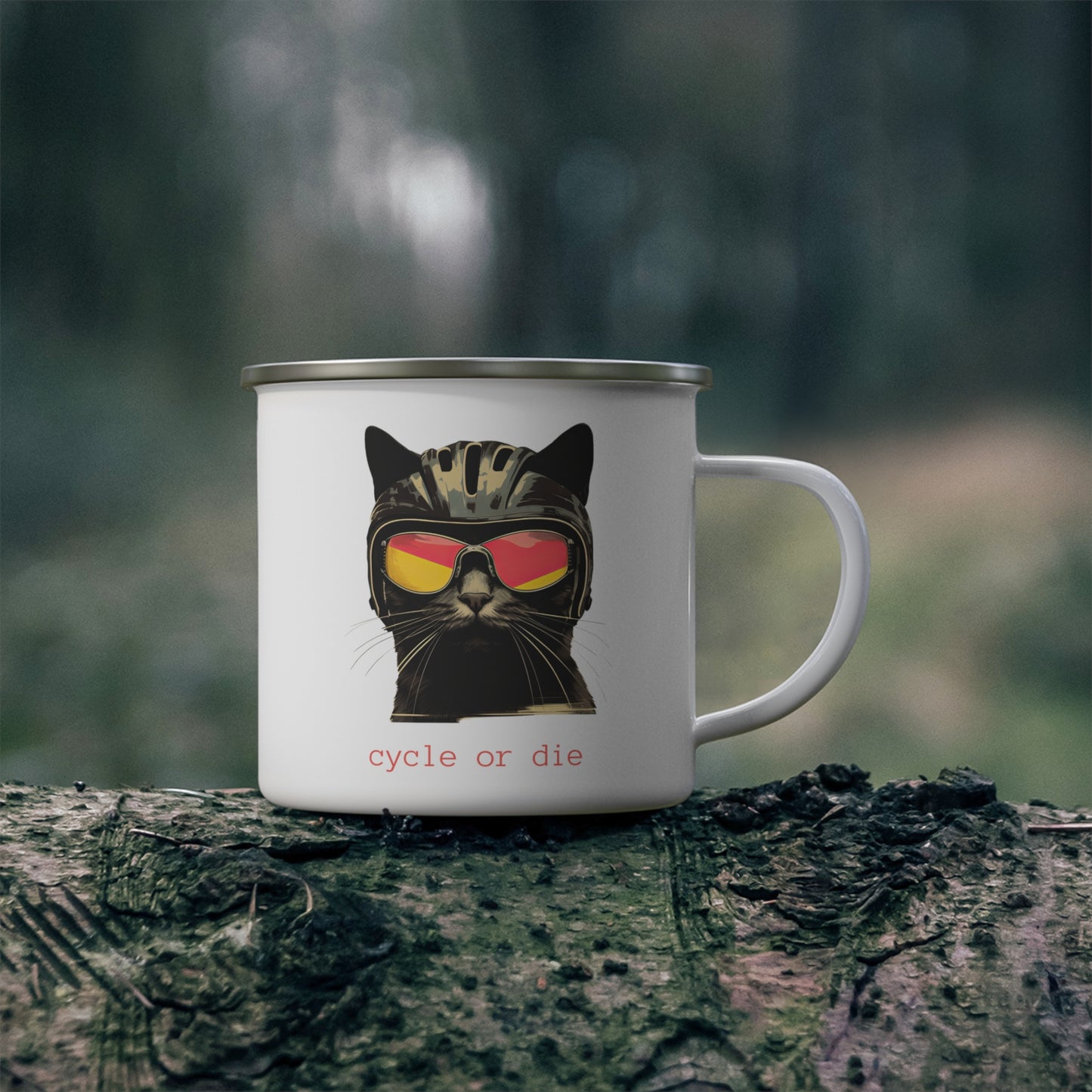 Cycle or Die, Cycling Cup, Cat and Bicycle Lovers, Cat in a Bicycle Helmet, Cycling Cat Gift, Enamel Camping Mug