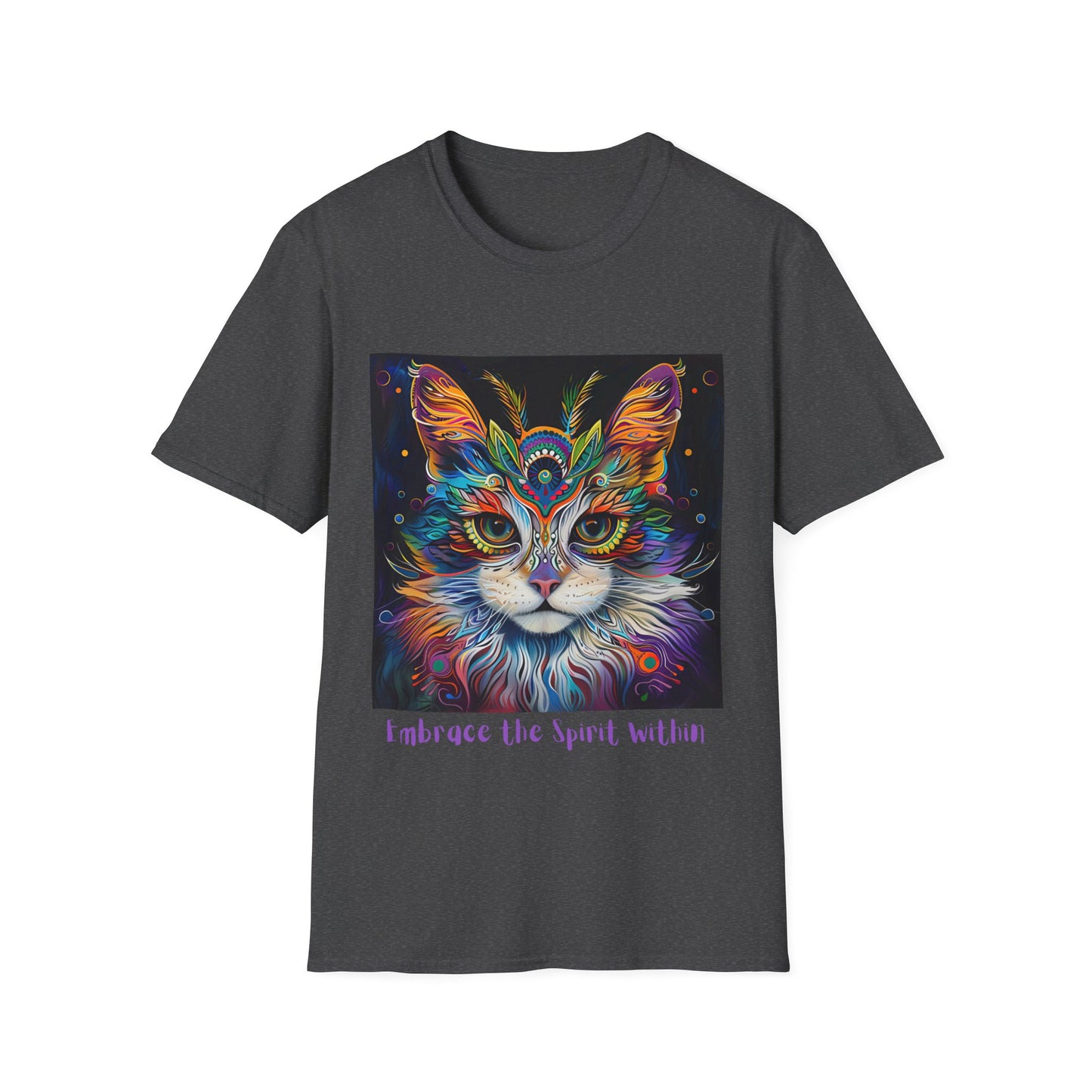 "Embrace the Spirit Within" Cat Shaman Graphic Cat Tee, Cat Lover's Graphic Tee Graphic Unisex T- Shirt, T-Shirt Cat Lovers Gift Softstyle T-Shirt Tee Teeshirt Stylized Cat