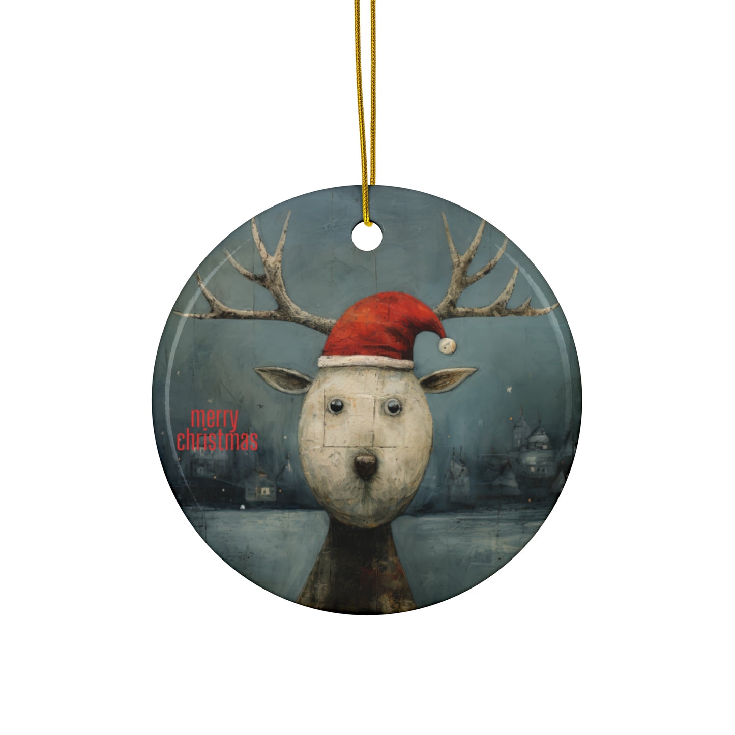 Baby Reindeer, Reindeer in Santa Hat Art Ornament, Cute Baby Deer Christmas Gift, Ceramic Ornament for Christmas Tree