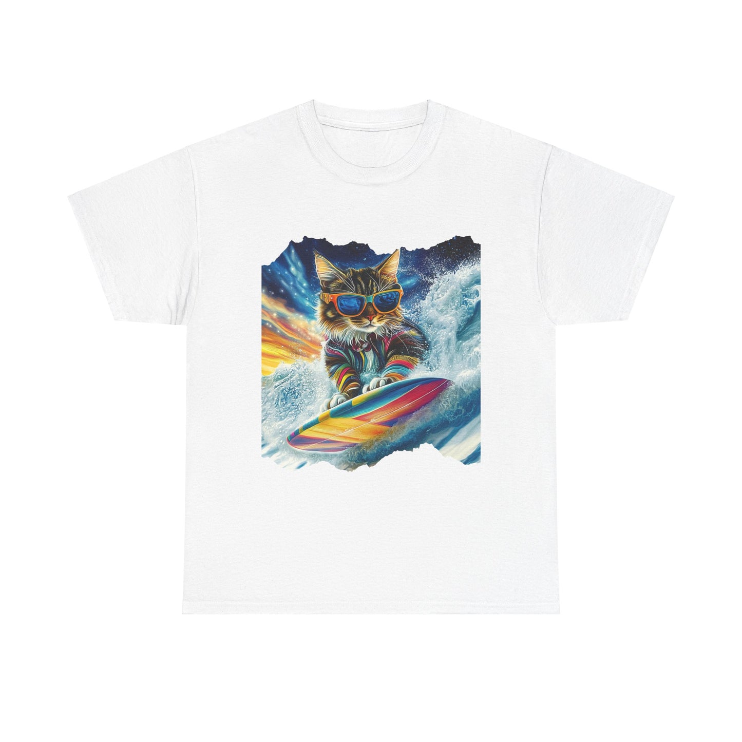 Surfer Surfing Cat, (Ver 2) Cat on Surfboard Graphic Tee- Water Sports Cat (V1) Cat Art Gift - Cool Cats Unisex Heavy Cotton Tee T-Shirt