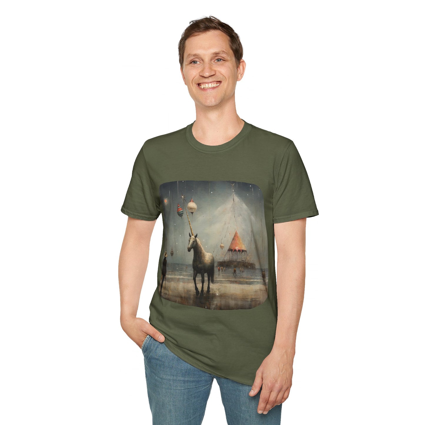 Unicorn with Holiday Ornament, Unicorn Christmas Gift Unisex Tee Shirt, T-Shirt Softstyle T-Shirt