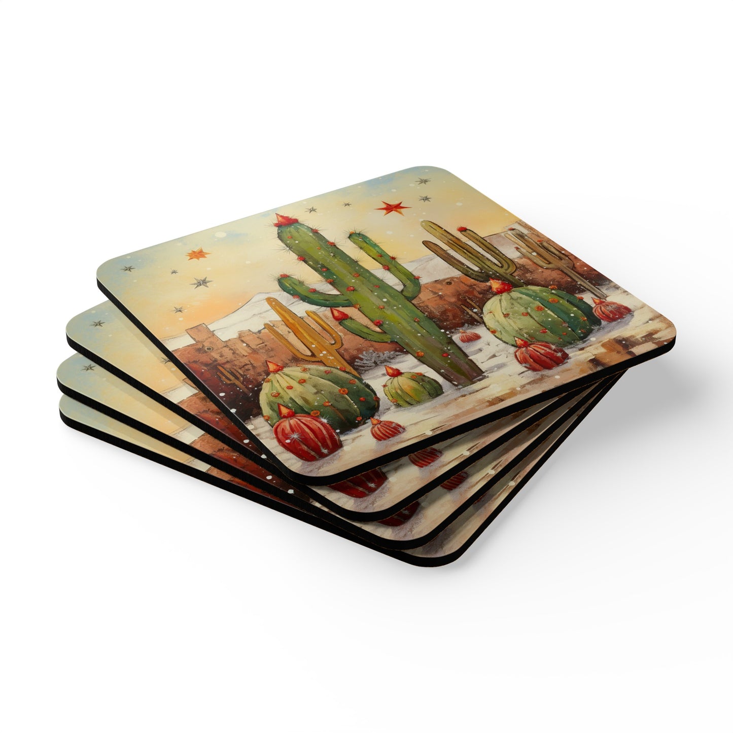 Arizona Cactus, Snowy Winter Holiday in Arizona, Desert Climate, Corkwood Coaster Set, Desert Decor, Christmas Decor