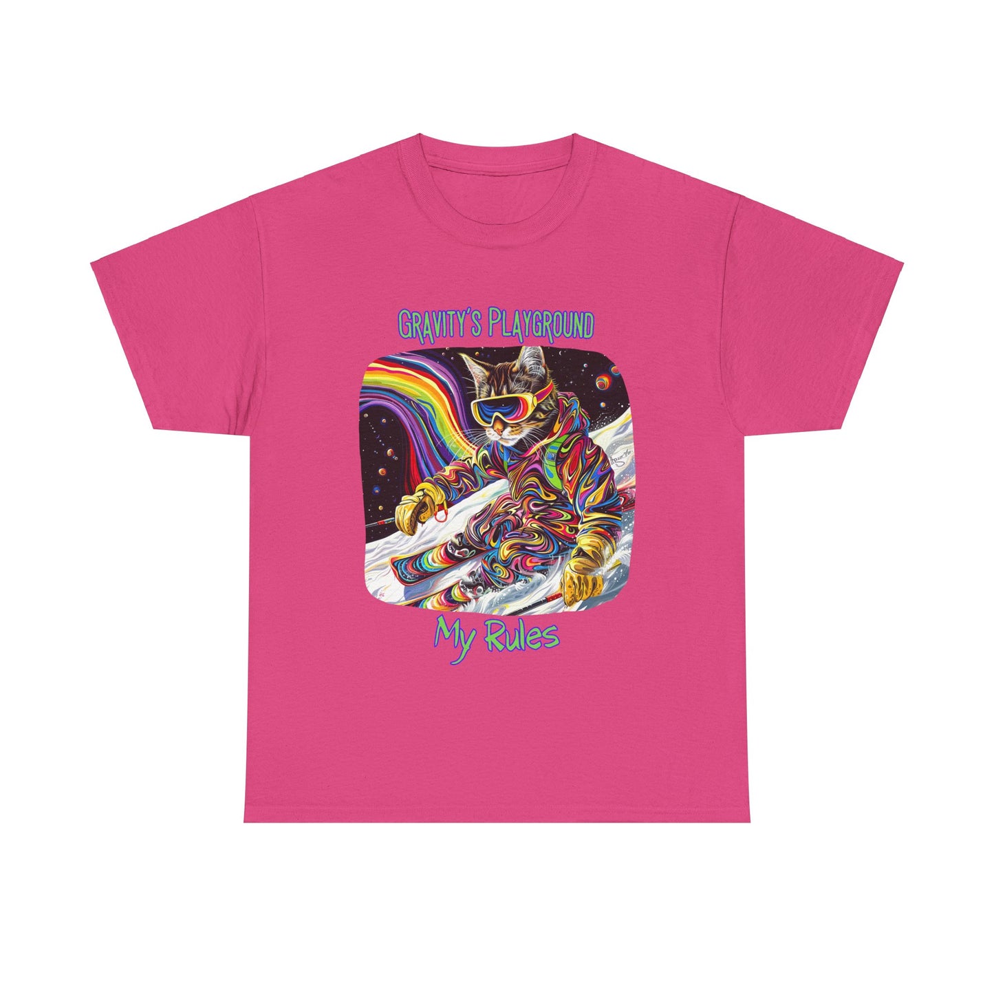 Gravity's Playground, My Rules - Ski, Snow, Snowboard Winter Sports Cat - Cat Graphic Tee Art Gift - Cool Cats Unisex Heavy Cotton Tee T-Shirt