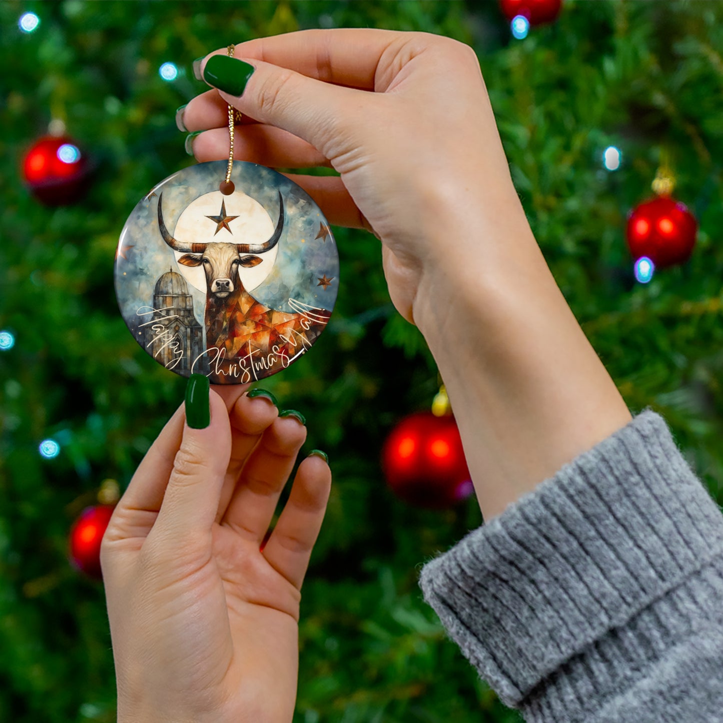 Texas Longhorn Texas Star Christmas Greeting Ceramic Tree Ornament. Merry Christmas Y'all Southern Greeting. Texas Christmas Gift