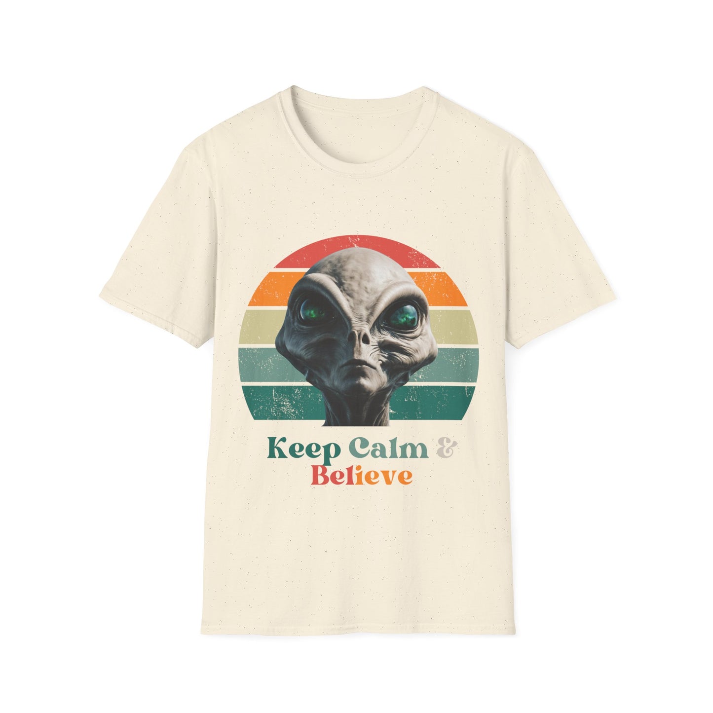 Retro Alien ET, Extraterrestrial Shirt, T-Shirt, "Keep Calm and Believe" Softstyle Unisex Tee Shirt - 60s 70s Vibe- Keep Calm Hippie Shirt