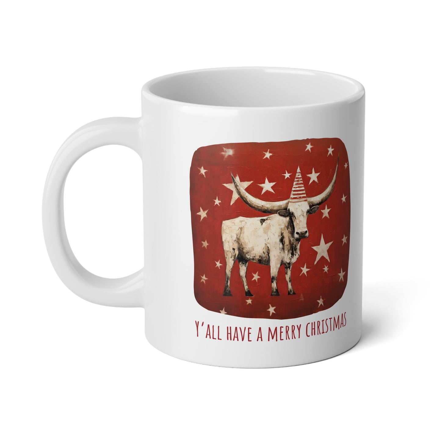 Y'all Have a Merry Christmas, Southern Greeting Longhorn Cattle Mug, Texas Christmas Gift, Mug, Jumbo 20 oz Mug XL Size Mug