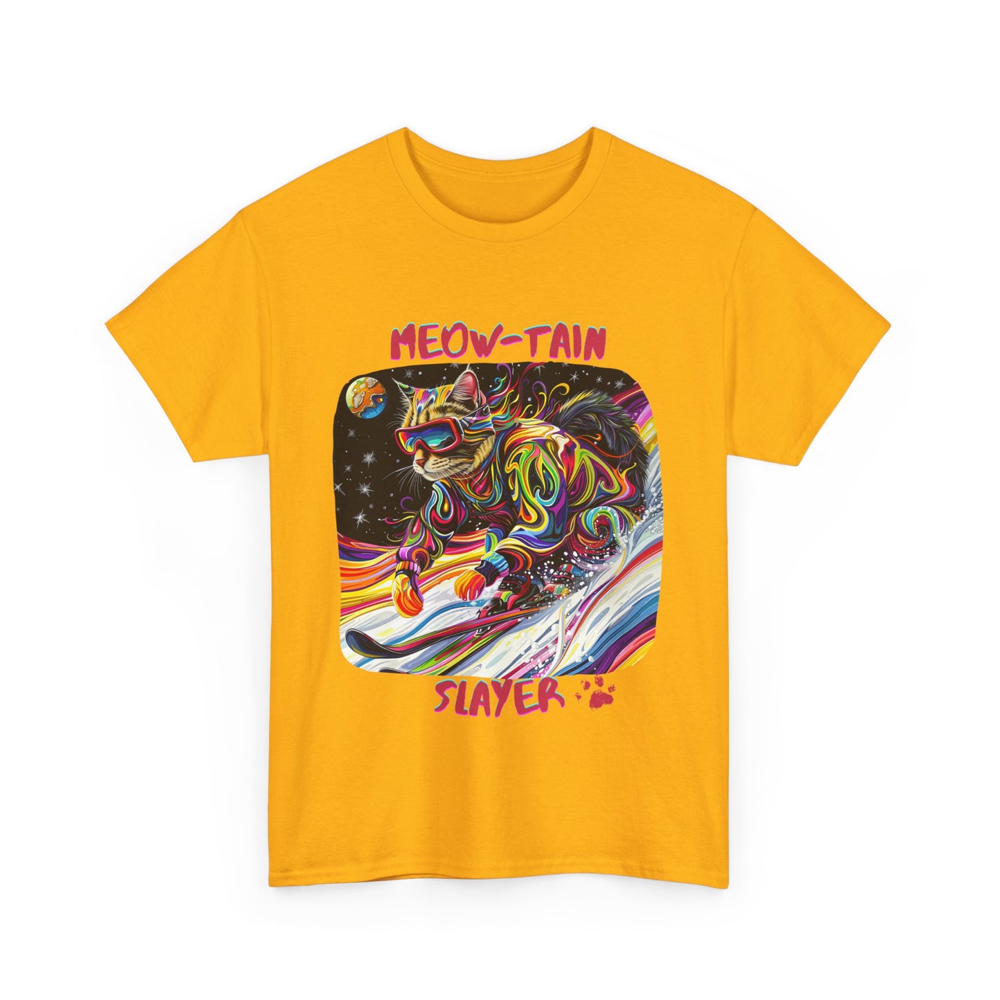 Meow-tain Slayer - Ski, Snow, Snowboard Winter Sports Cat Cat Art Graphic Tee, Ski Gift - Cool Cats Unisex Heavy Cotton Tee T-Shirt