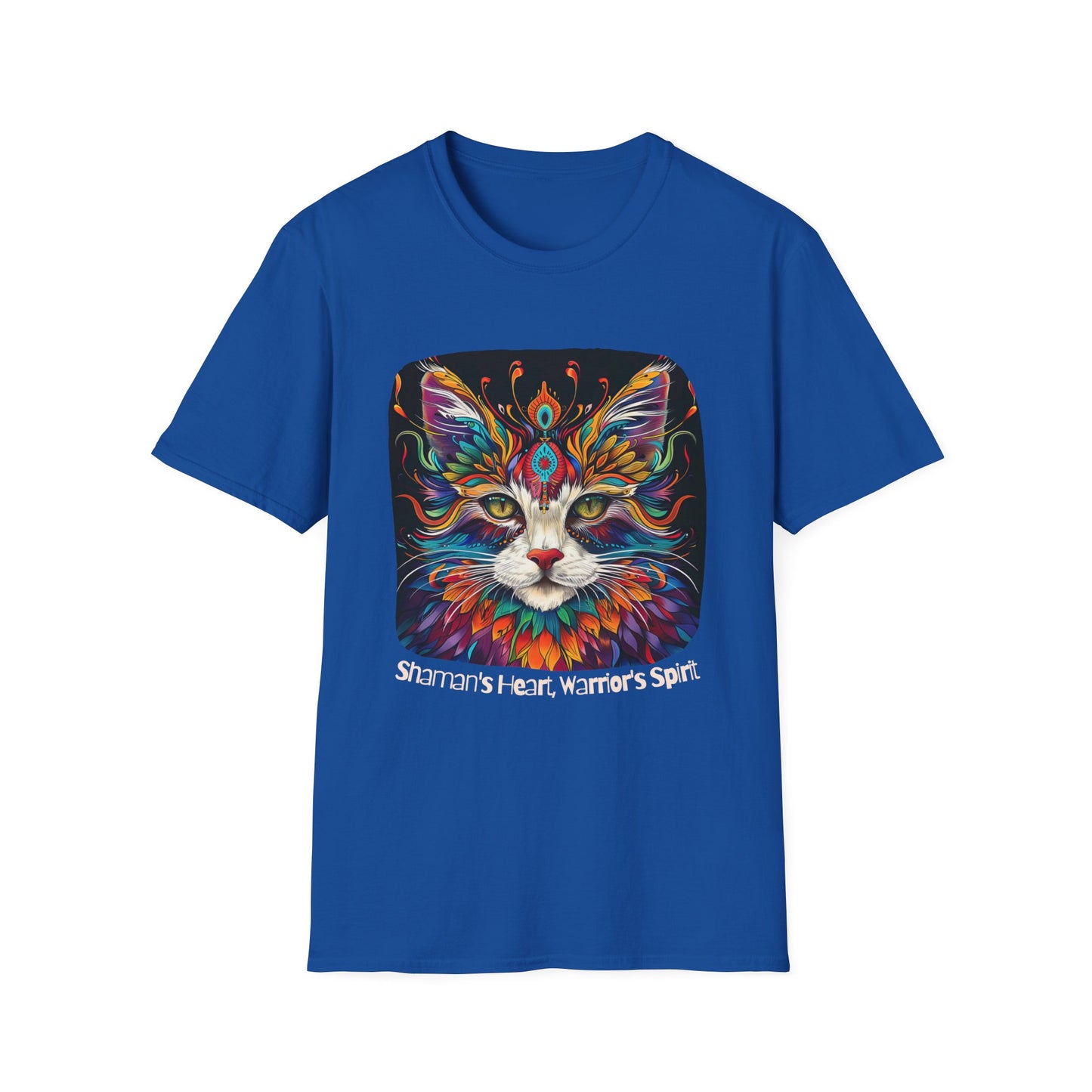 Shaman's Heart, Warrior's Spirit Graphic Cat Tee, Cat Lover's Graphic Tee Graphic Unisex T- Shirt, T-Shirt Cat Lovers Gift Softstyle T-Shirt Tee Teeshirt Stylized Cat