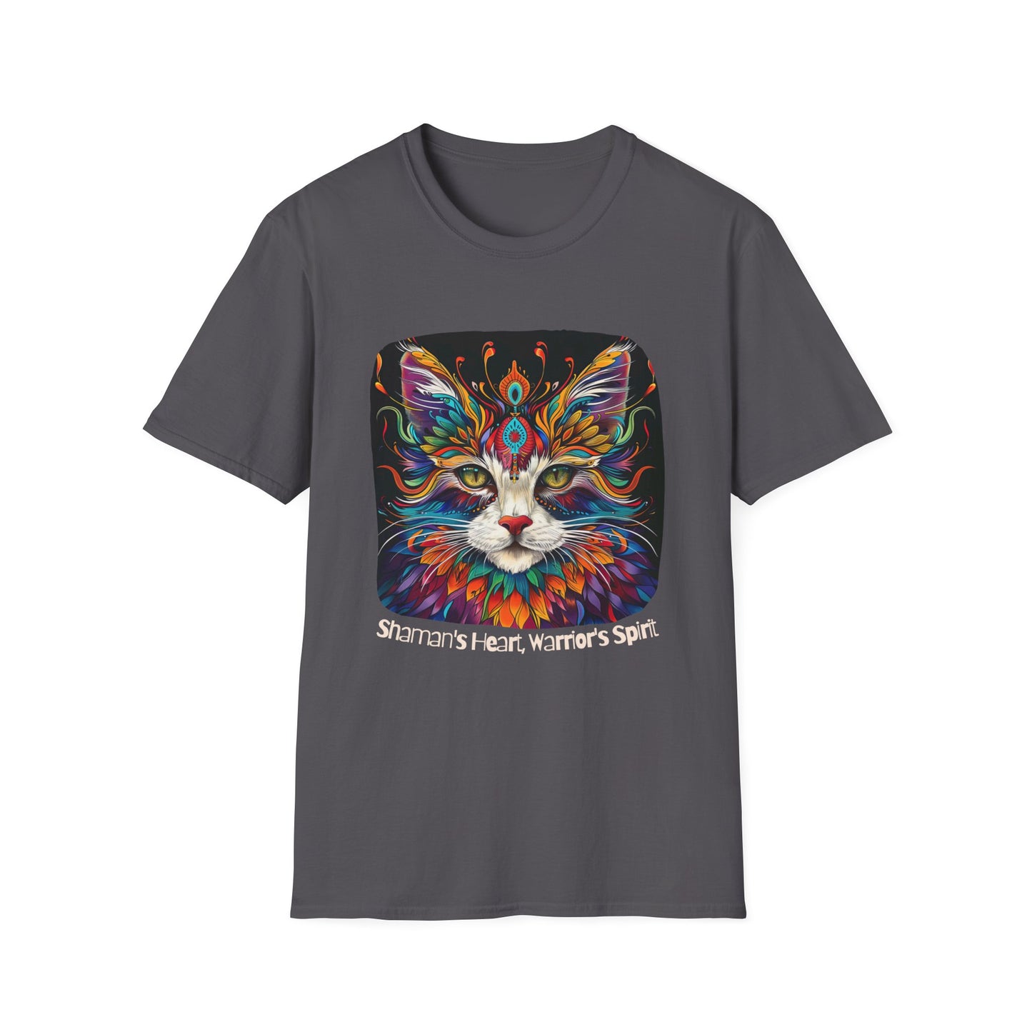 Shaman's Heart, Warrior's Spirit Graphic Cat Tee, Cat Lover's Graphic Tee Graphic Unisex T- Shirt, T-Shirt Cat Lovers Gift Softstyle T-Shirt Tee Teeshirt Stylized Cat