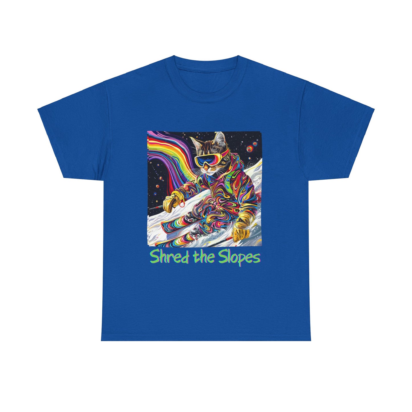 Shred the Slopes - Ski, Snow, Snowboard Winter Sports Cat Cat Art Graphic Tee, Ski Gift - Cool Cats Unisex Heavy Cotton Tee T-Shirt