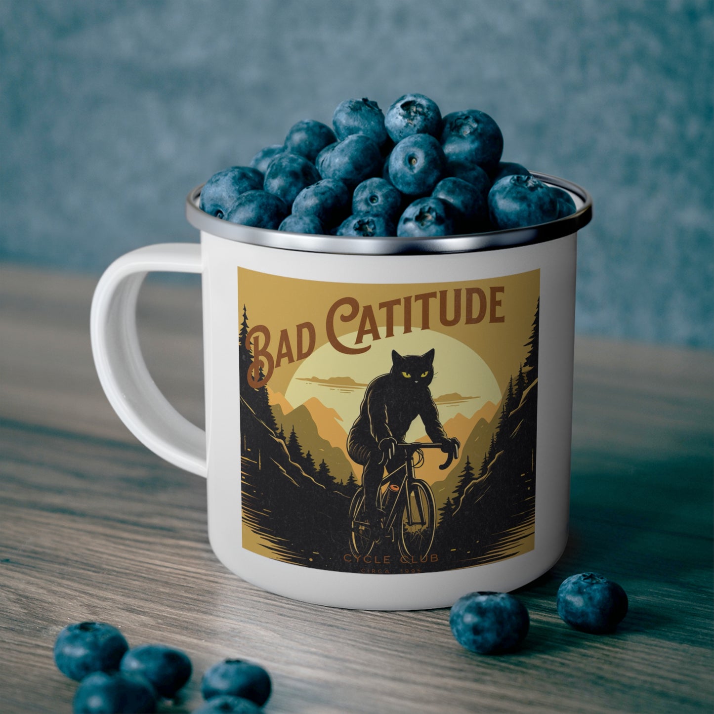 Bad Catitude Cycling Club, Cat Lover's Cat on Bicycle, Cycling Gift, Enamel Camping Mug