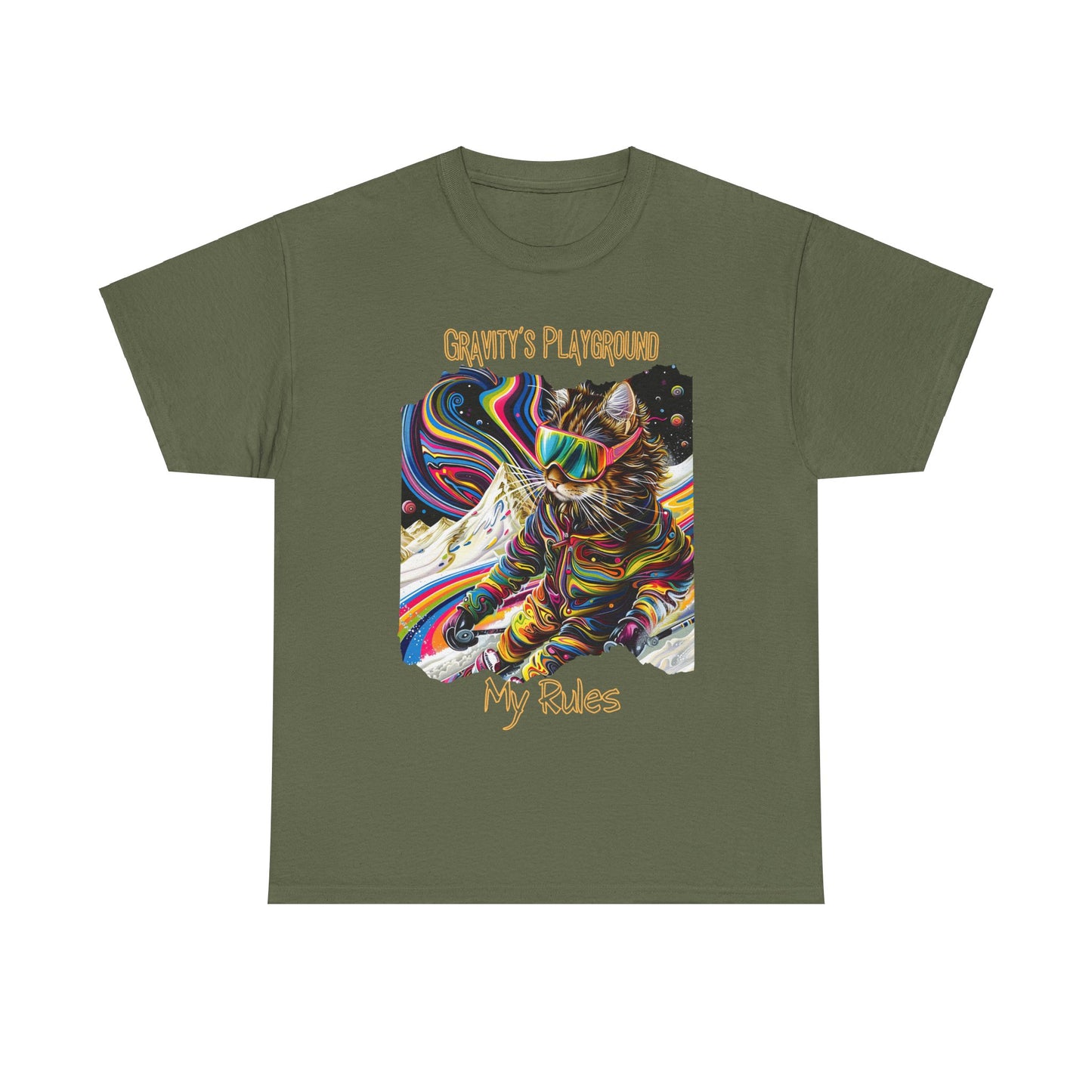 Gravity's Playground, MY Rules - Ski, Snow, Snowboard Winter Sports Cat (V2) Cat Art Gift -Cool Cats Graphic Tee Unisex Heavy Cotton Tee T-Shirt