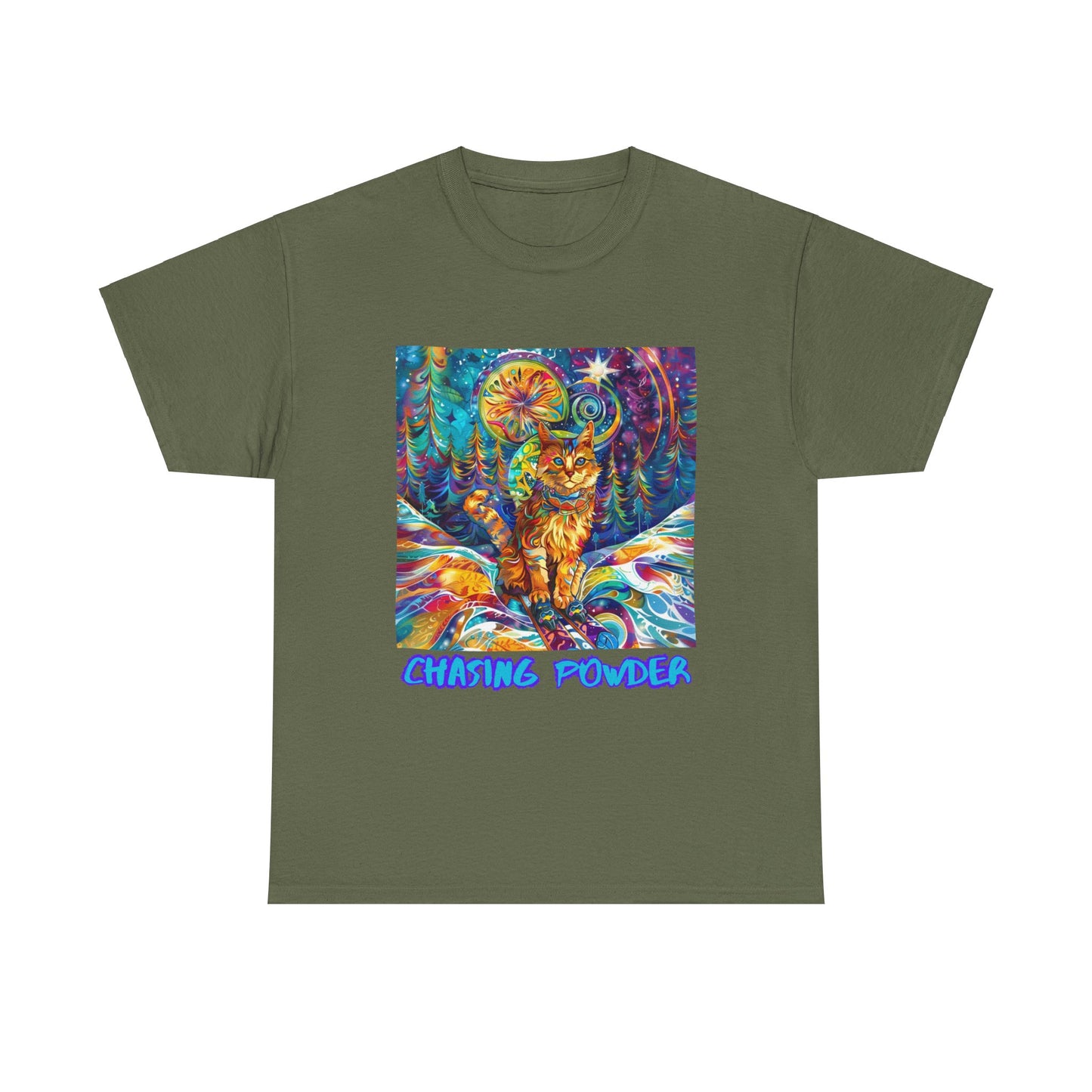 Chasing Powder - Snow, Snowboard Winter Sports Cat (V3) Cat Art Graphic Tee, Ski Gift - Cool Cats Unisex Heavy Cotton Tee T-Shirt