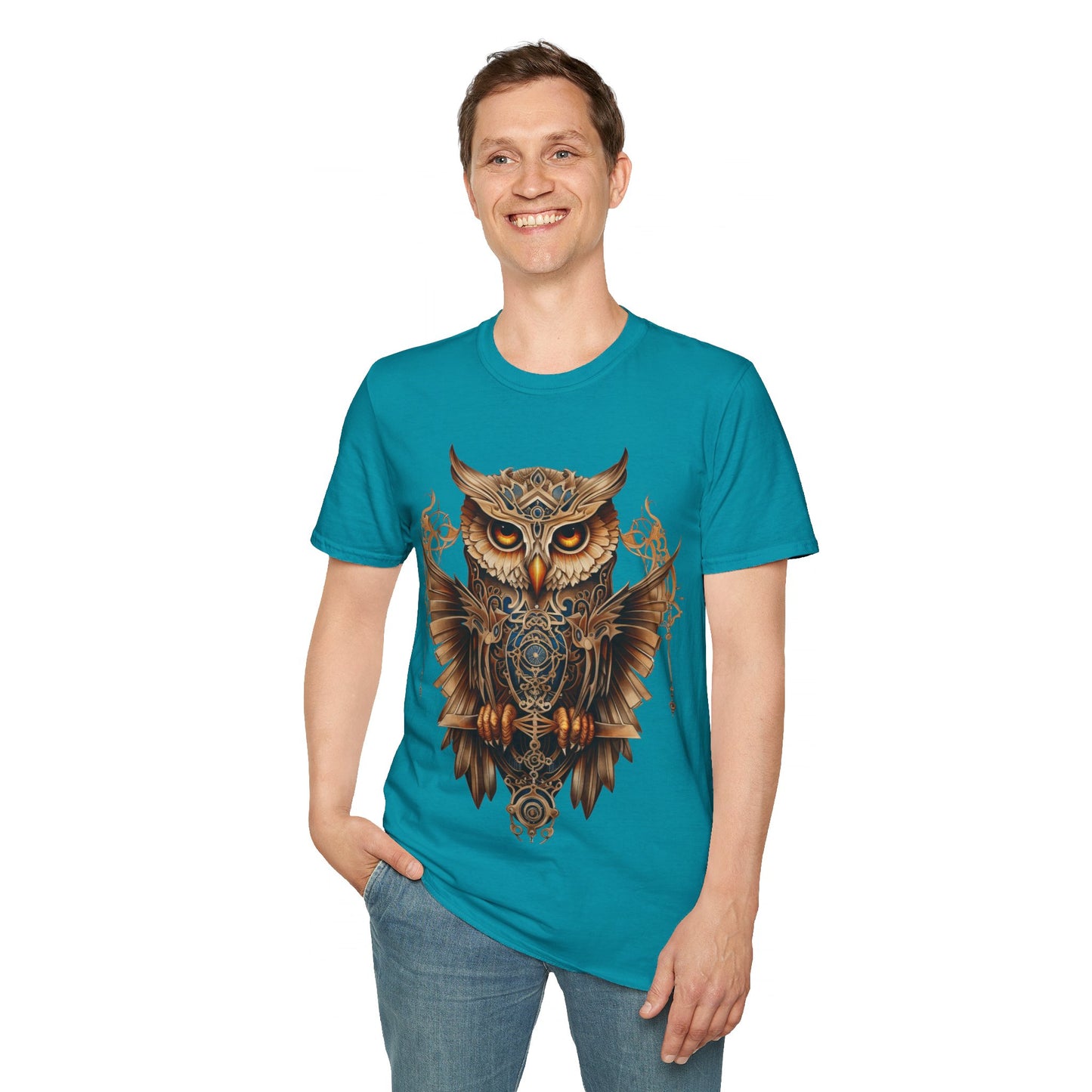 Art Deco Style Owl, Golden Owl Shirt, 1920's Steampunk Owl Christmas Gift Unisex Tee Shirt, T-Shirt Softstyle T-Shirt Tee Teeshirt