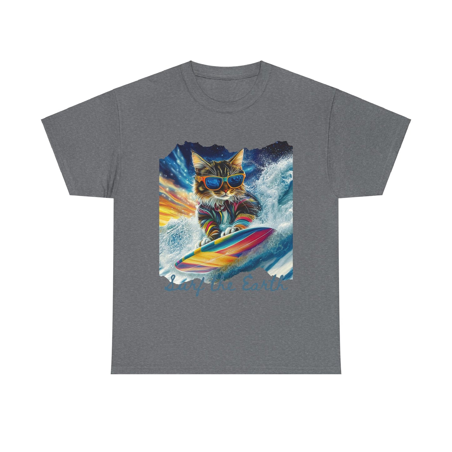 Surf Surfer Cat, "Surf the Earth", Cat on Surfboard Graphic Tee- Water Sports Cat (V1) Cat Art Gift - Cool Cats Unisex Heavy Cotton Tee T-Shirt