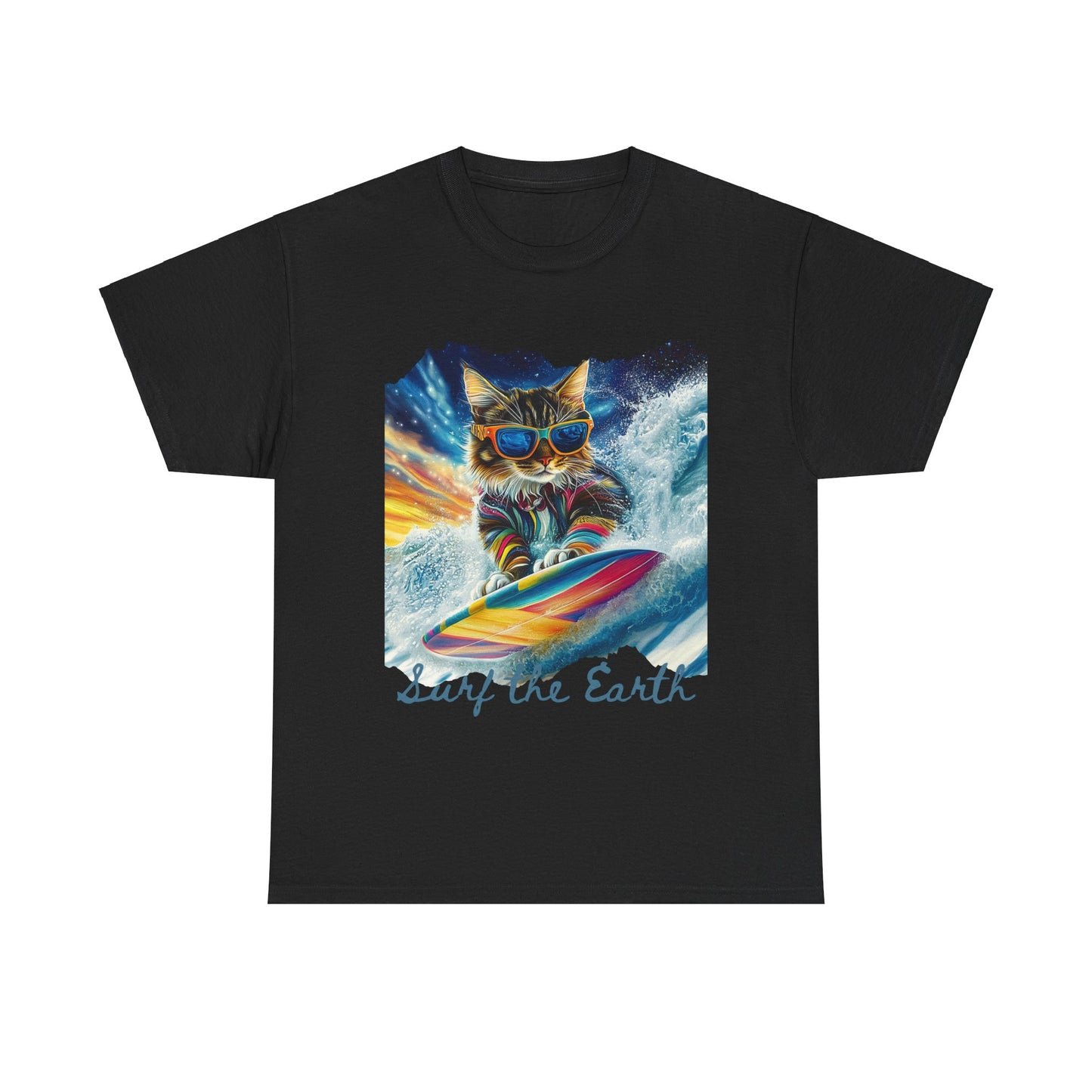 Surf Surfer Cat, "Surf the Earth", Cat on Surfboard Graphic Tee- Water Sports Cat (V1) Cat Art Gift - Cool Cats Unisex Heavy Cotton Tee T-Shirt