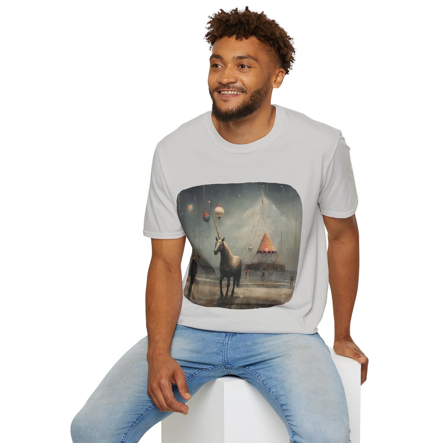 Unicorn with Holiday Ornament, Unicorn Christmas Gift Unisex Tee Shirt, T-Shirt Softstyle T-Shirt