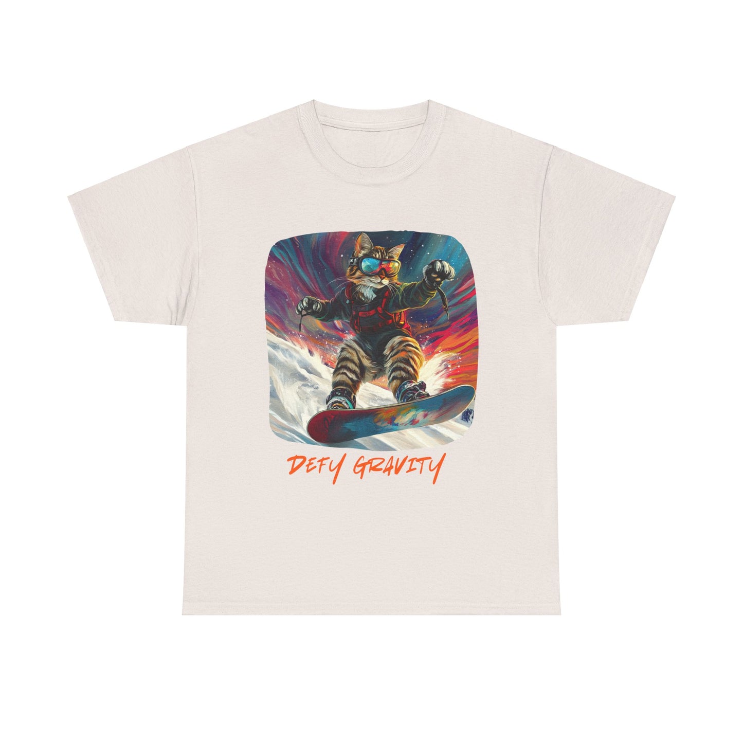 Defy Gravity Snowboard Cat Graphic Tee - Extreme Winter Sports Ski Cat Art Gift - Cool Cats Unisex Heavy Cotton Tee T-Shirt