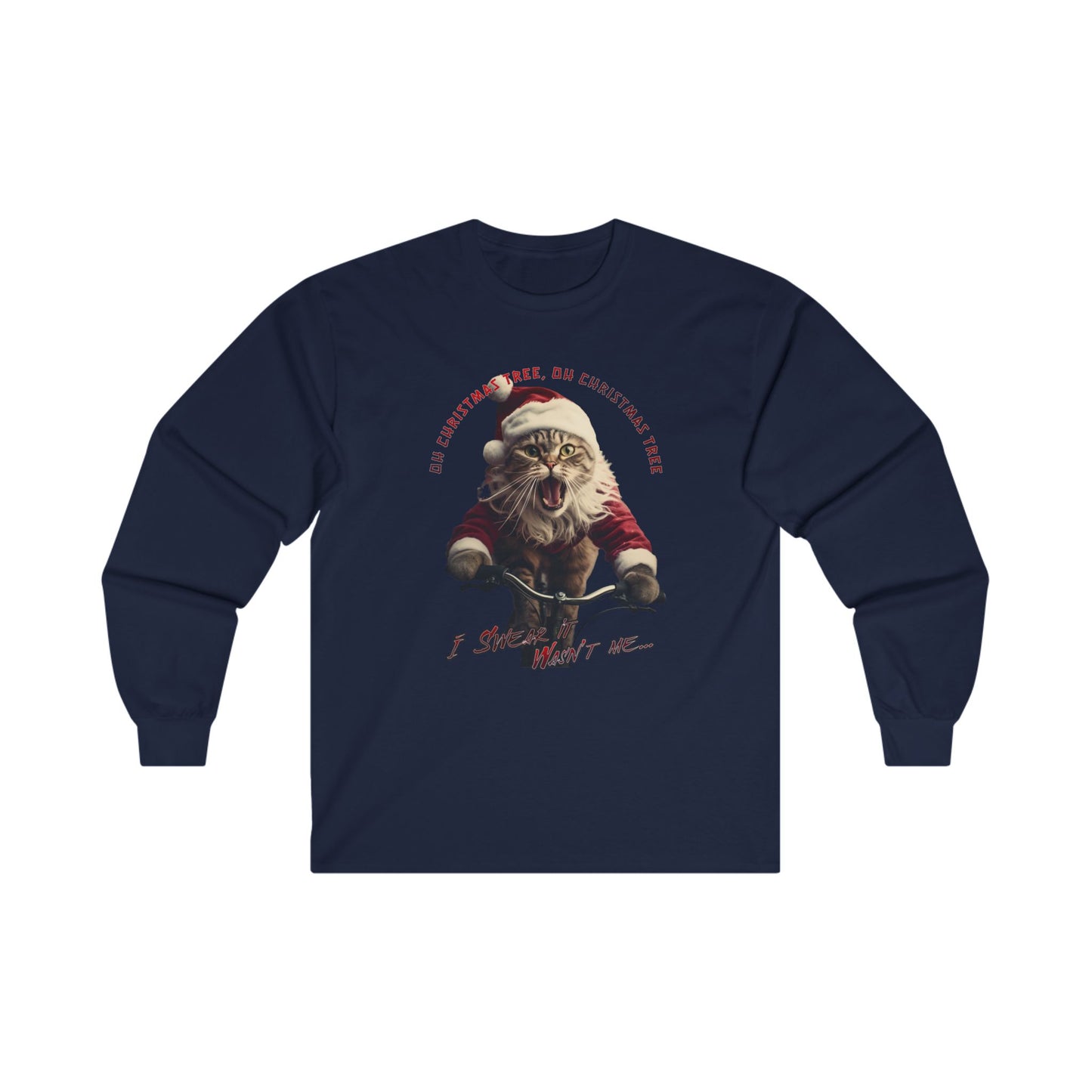 "Oh Christmas Tree Oh Christmas Tree" Christmas Cat, Cats on Bikes, Christmas Caroling Cats - Unisex Long Sleeve Jersey Cotton Shirt Mens Women's Cat Gift Oh Christmas Tree